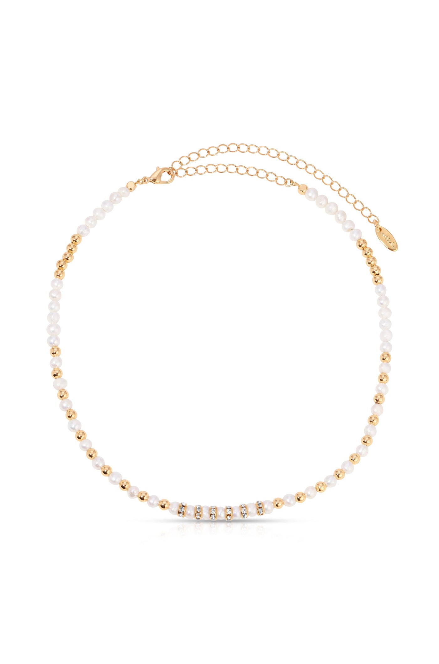 A delicate necklace features alternating white pearls and gold beads, showcasing a shiny glimmer. It is designed to be worn around the neck, highlighted against a plain background.