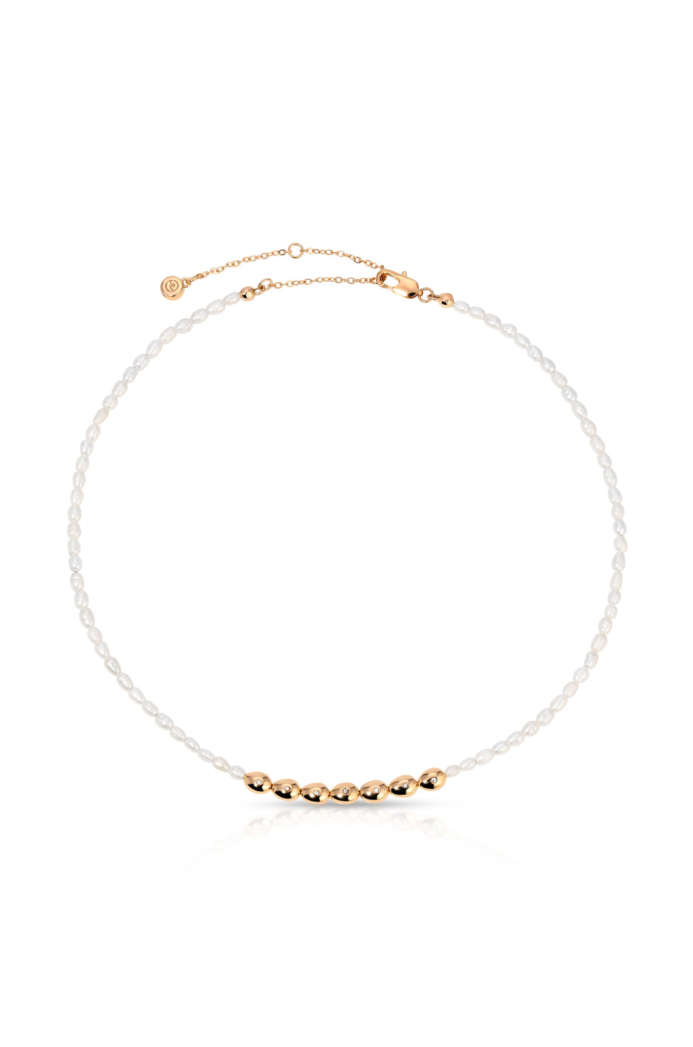 A delicate necklace features small pearls interspersed with shiny gold beads. It is designed to be worn around the neck, showcasing an elegant blend of materials.