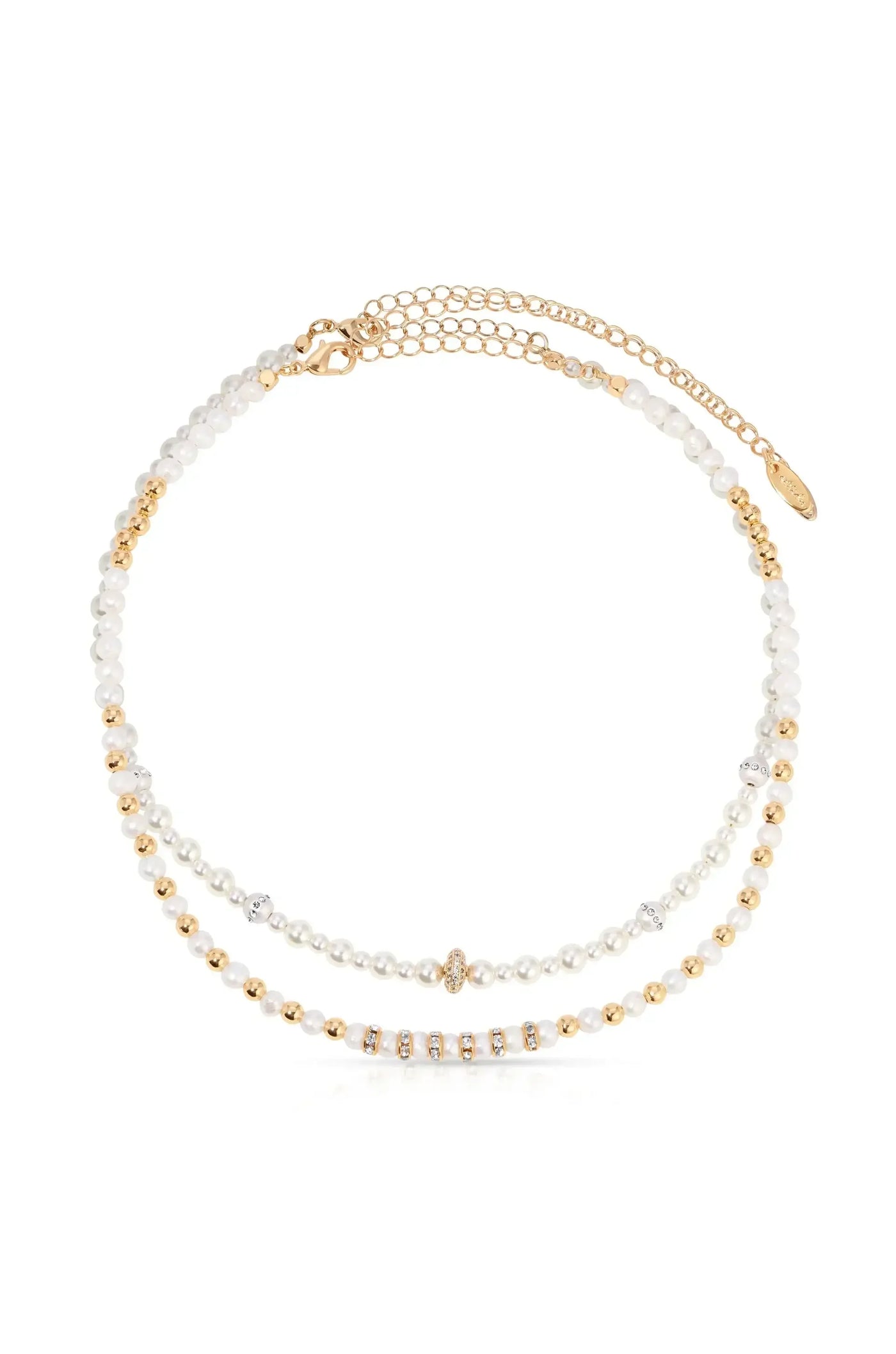 A multi-strand necklace features alternating white pearls, gold beads, and sparkling accents. The clasp includes a chain extender, enhancing its adjustable fit. The background is plain, emphasizing the necklace's design.