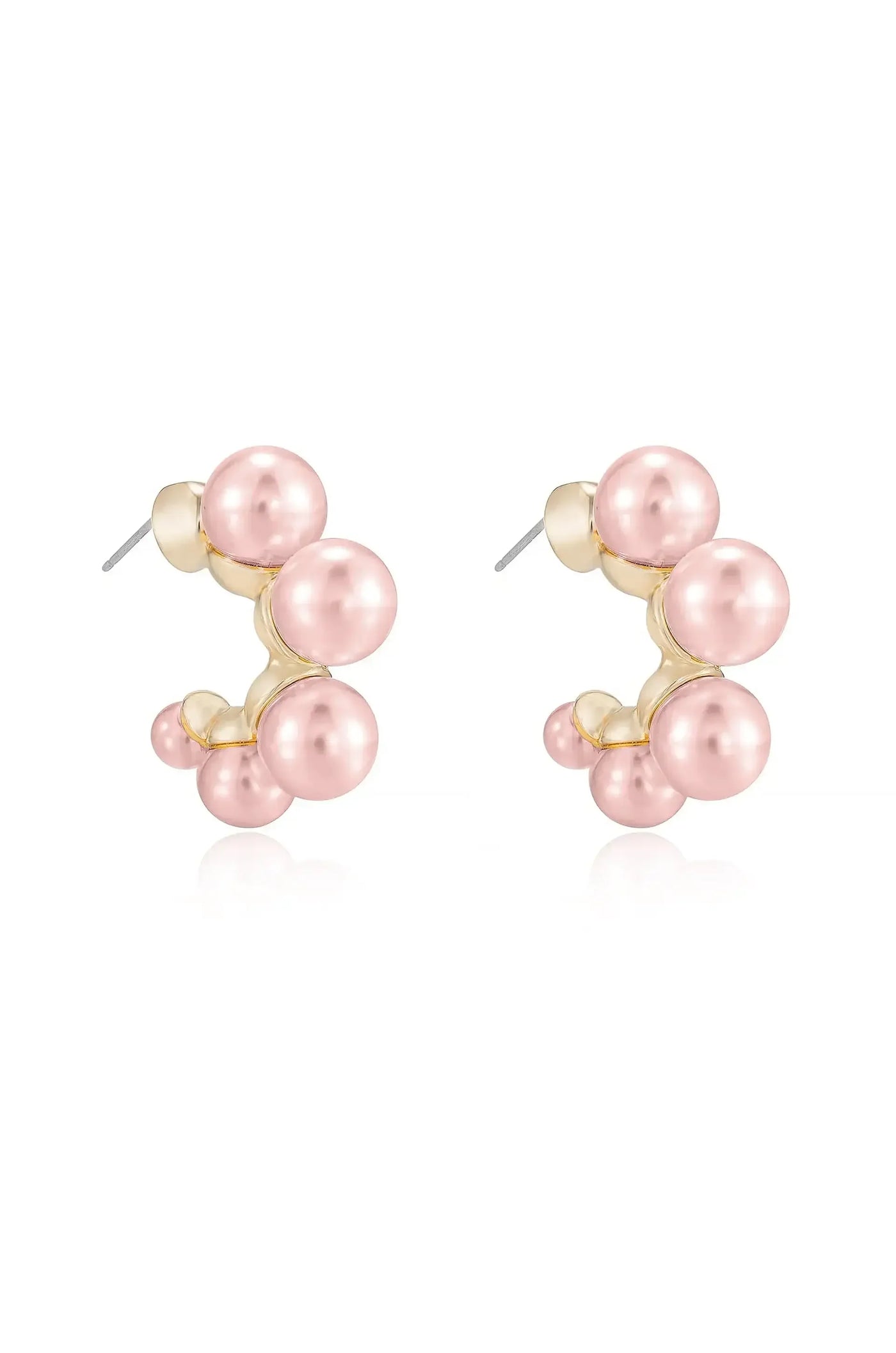 Two stylized earrings featuring clusters of light pink pearls, connected by a gold setting. They are presented against a clean, white background, showcasing their elegance and design.