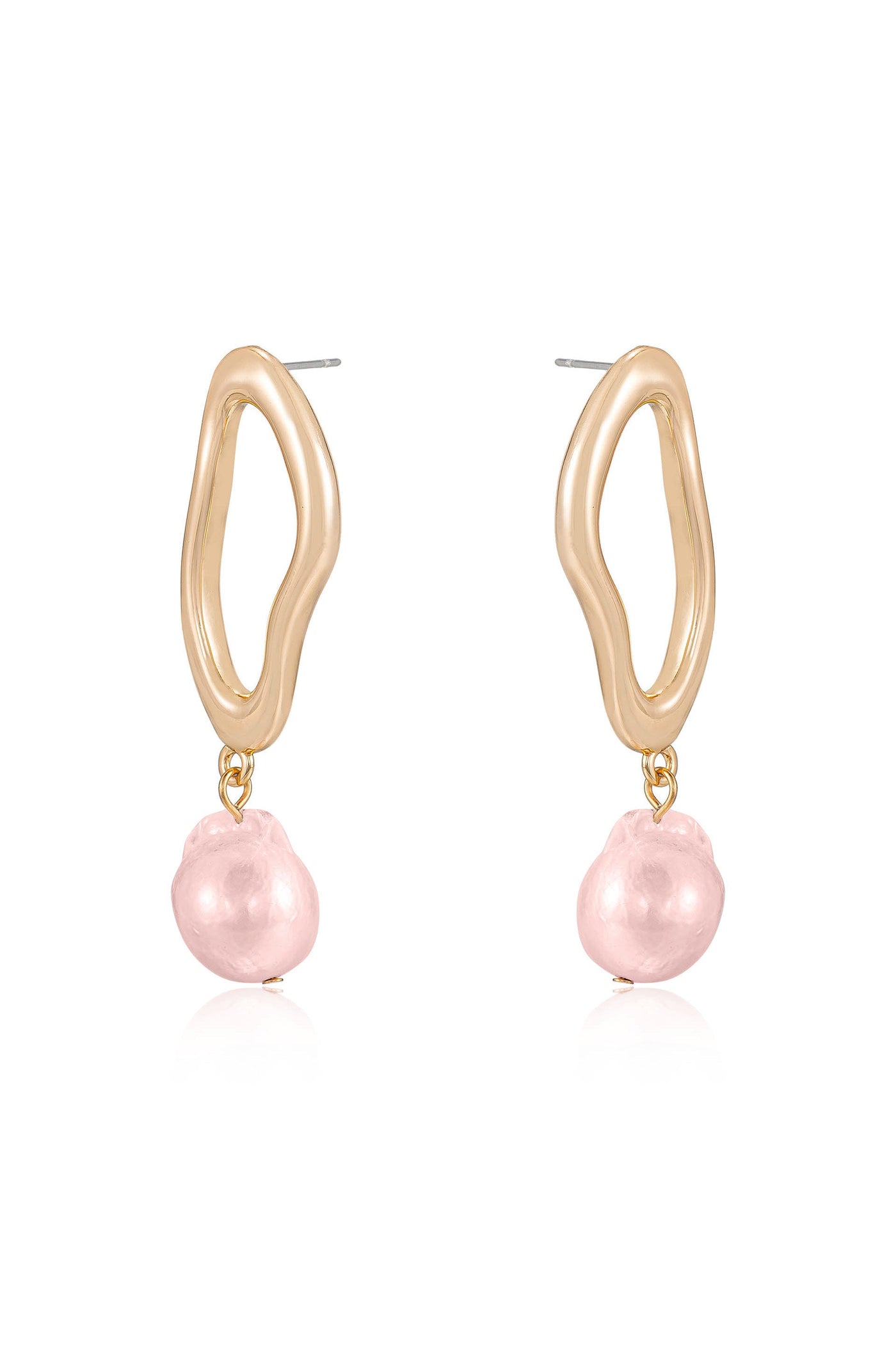 Gold-tone earrings feature an abstract, wavy shape attached to a pink pearl. They are displayed on a white background, emphasizing their shine and delicate design.