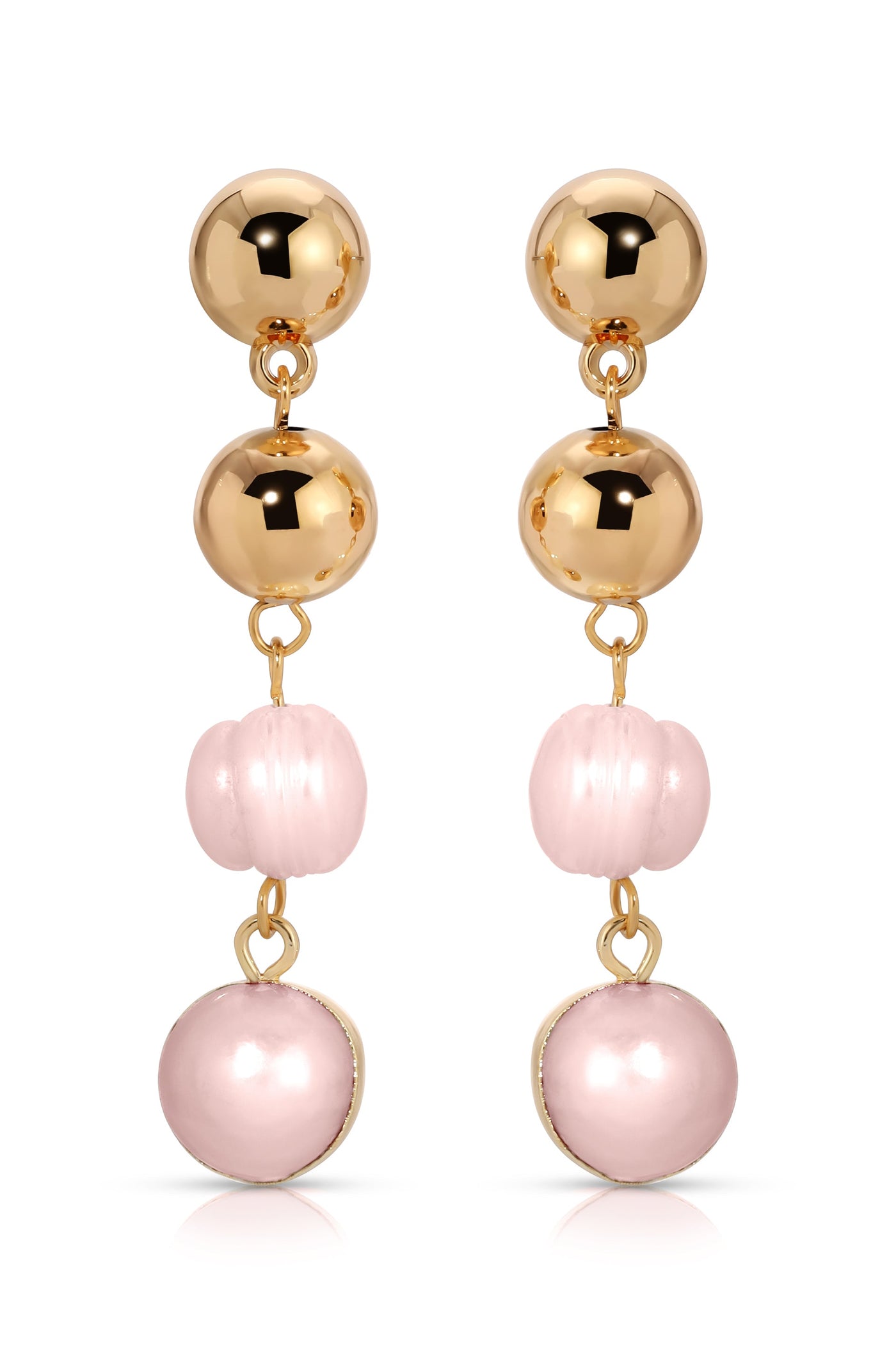 Two pairs of earrings feature a design with a shiny gold spherical top, a pink rounded bead in the middle, and a larger pink sphere at the bottom, creating an elegant look.