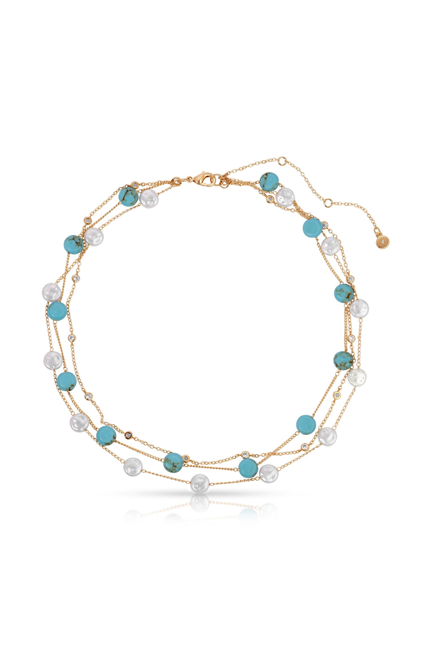 A delicate gold necklace features multiple strands adorned with alternating turquoise and pearl beads, creating a layered look. Its elegant design is showcased against a plain, white background.