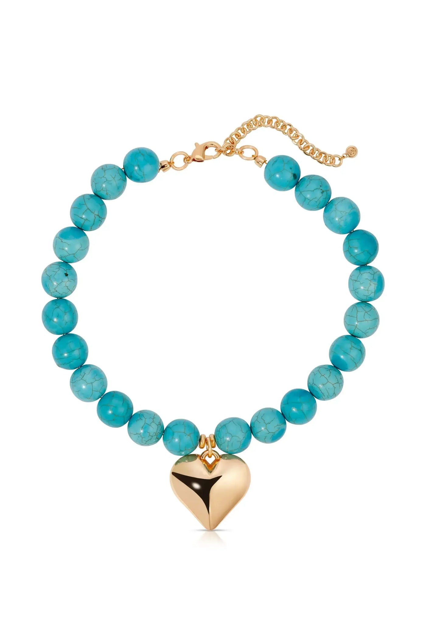 A turquoise bead bracelet features a shining gold heart pendant at the center, showcasing a vibrant color contrast and providing a stylish accessory suitable for various occasions.