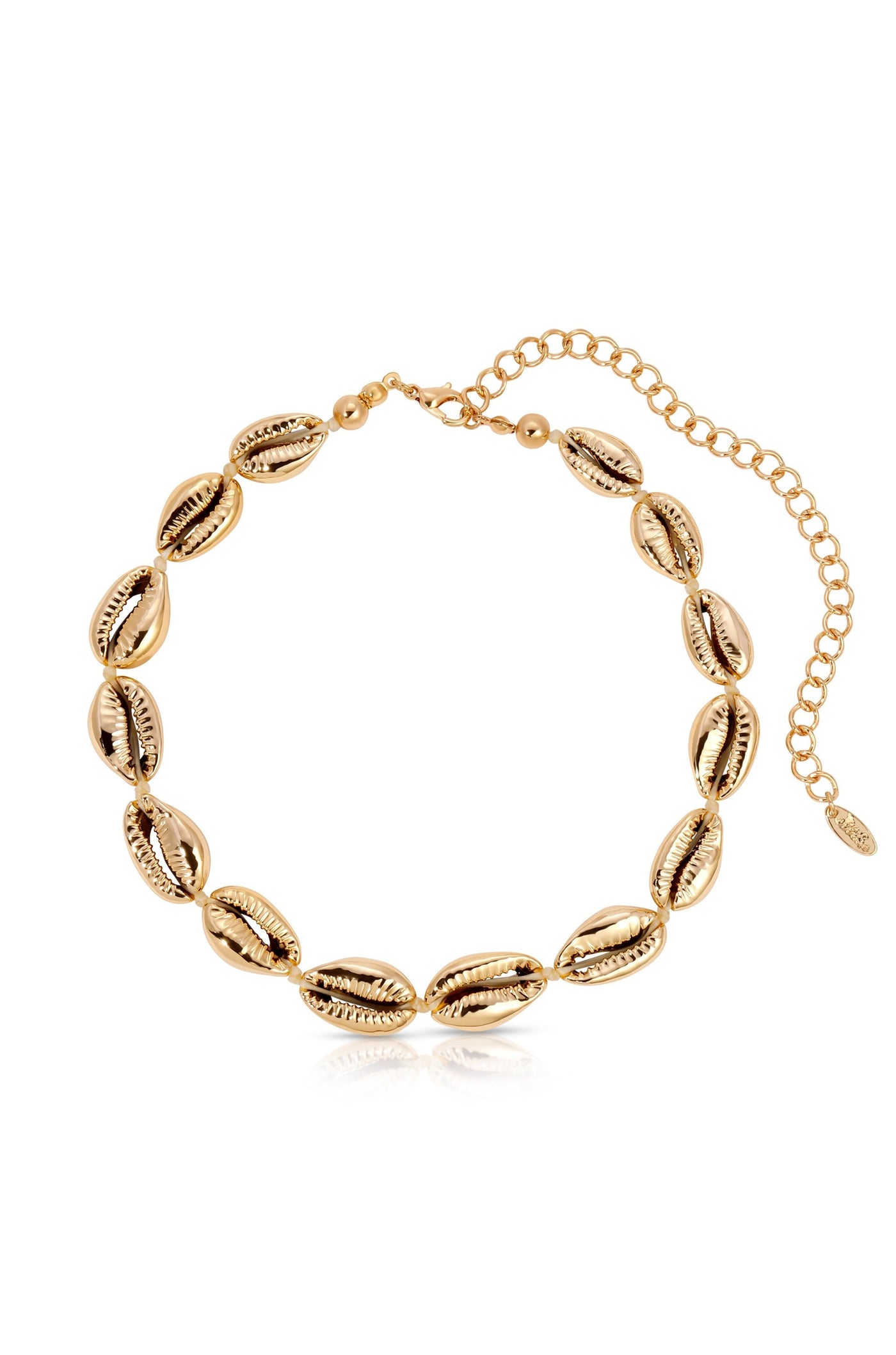 A gold-colored necklace featuring a sequence of shell-shaped charms, each with intricate detailing, suspended on a linked chain. It includes a clasp and an adjustable length chain.