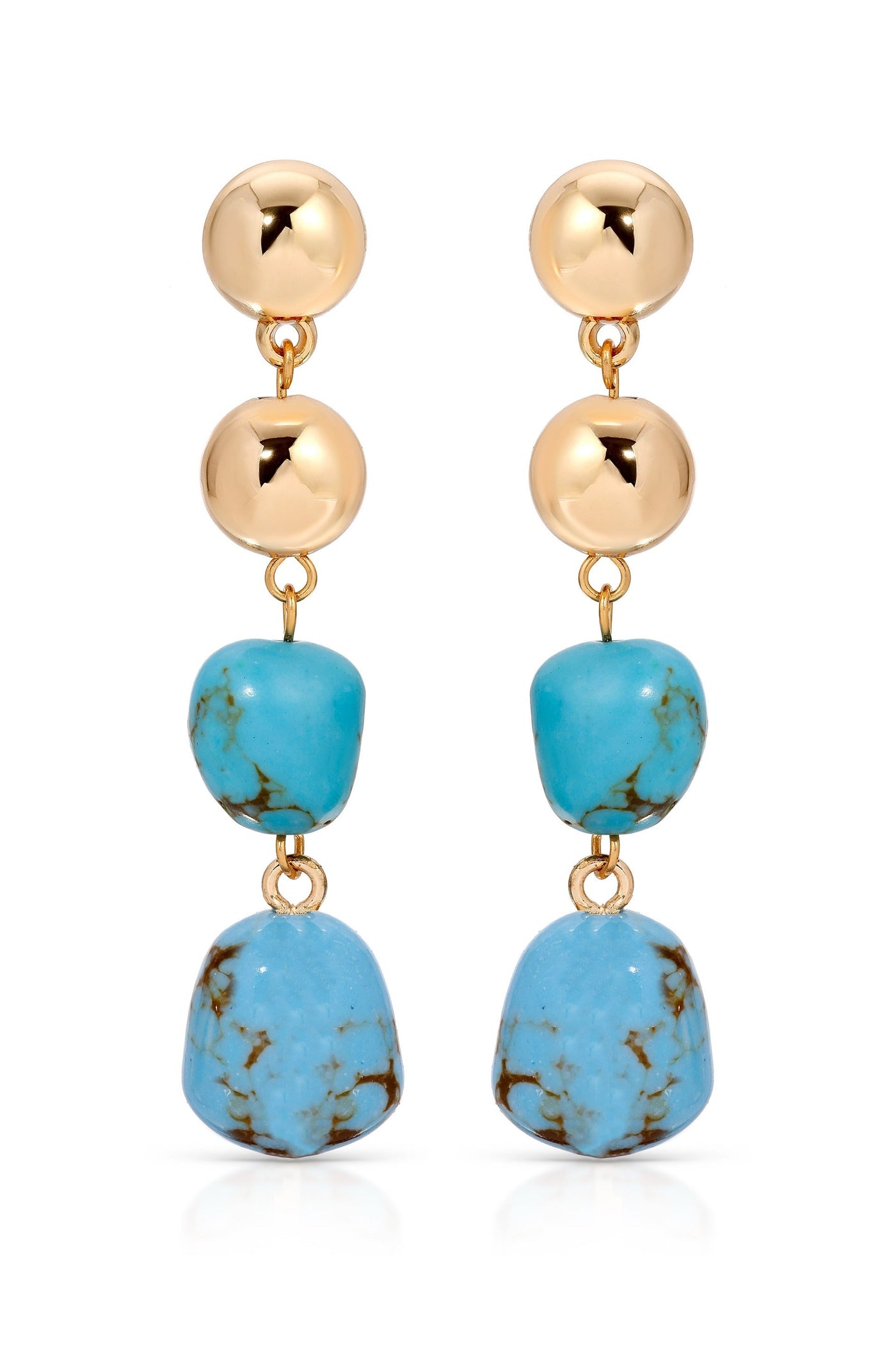 Two stylish earrings feature a top round glossy gold ball, a turquoise stone beneath it, and a larger turquoise stone at the bottom, showcasing a chic, modern design.