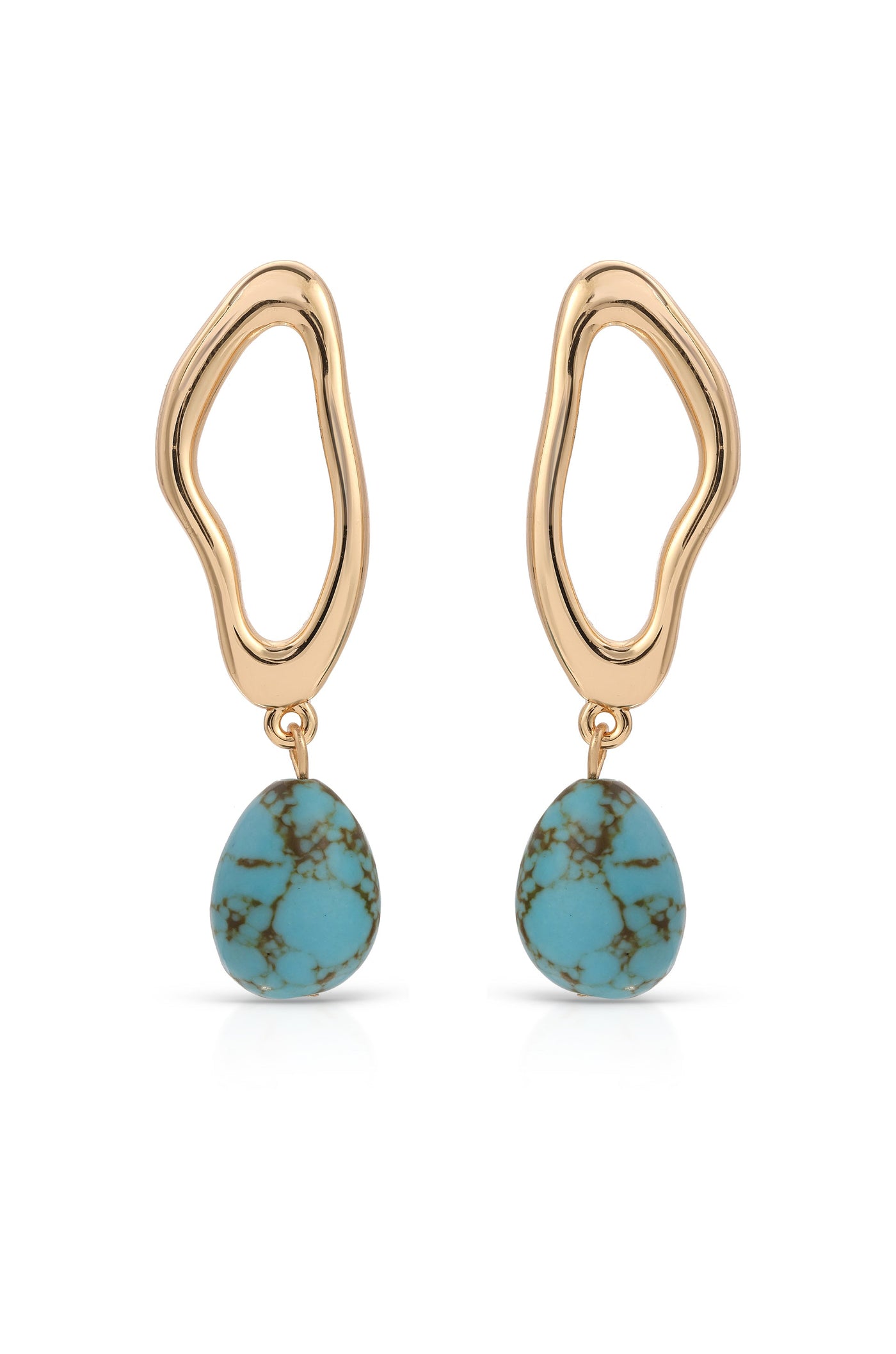 Gold earrings feature wavy, abstract shapes at the top, with teardrop turquoise stones dangling below. The stones exhibit a speckled pattern, creating a vibrant contrast with the shiny gold.