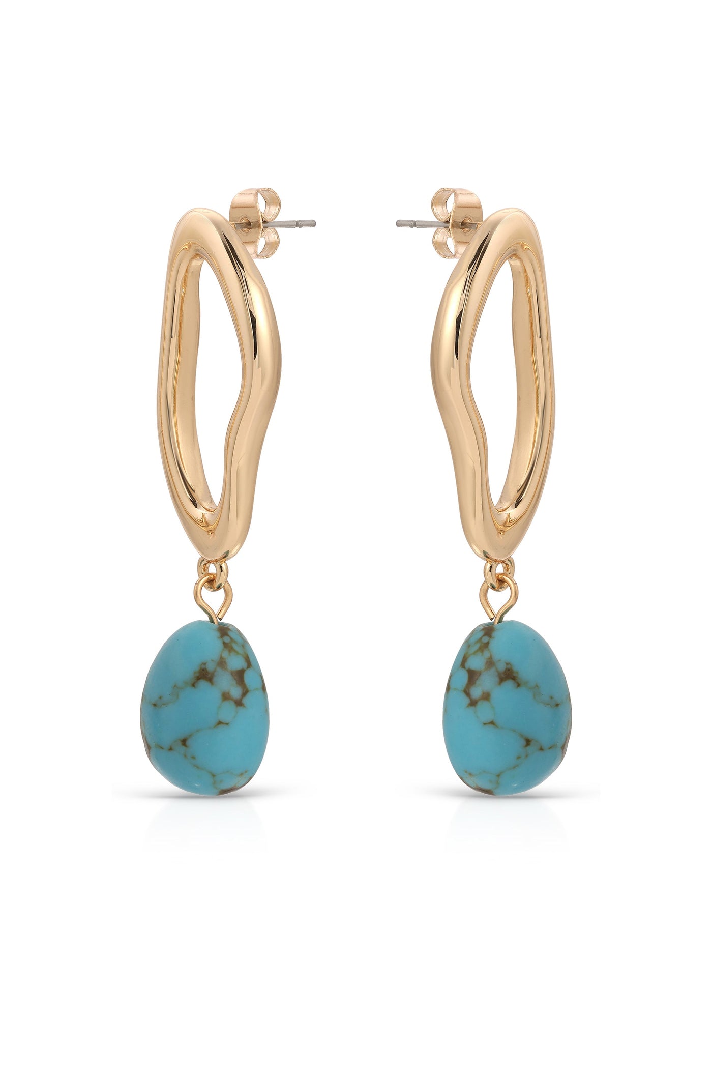Gold hoop earrings feature a smooth, elongated shape with a turquoise teardrop pendant. They hang elegantly, reflecting light against a minimalist white background, emphasizing their vibrant color and design.