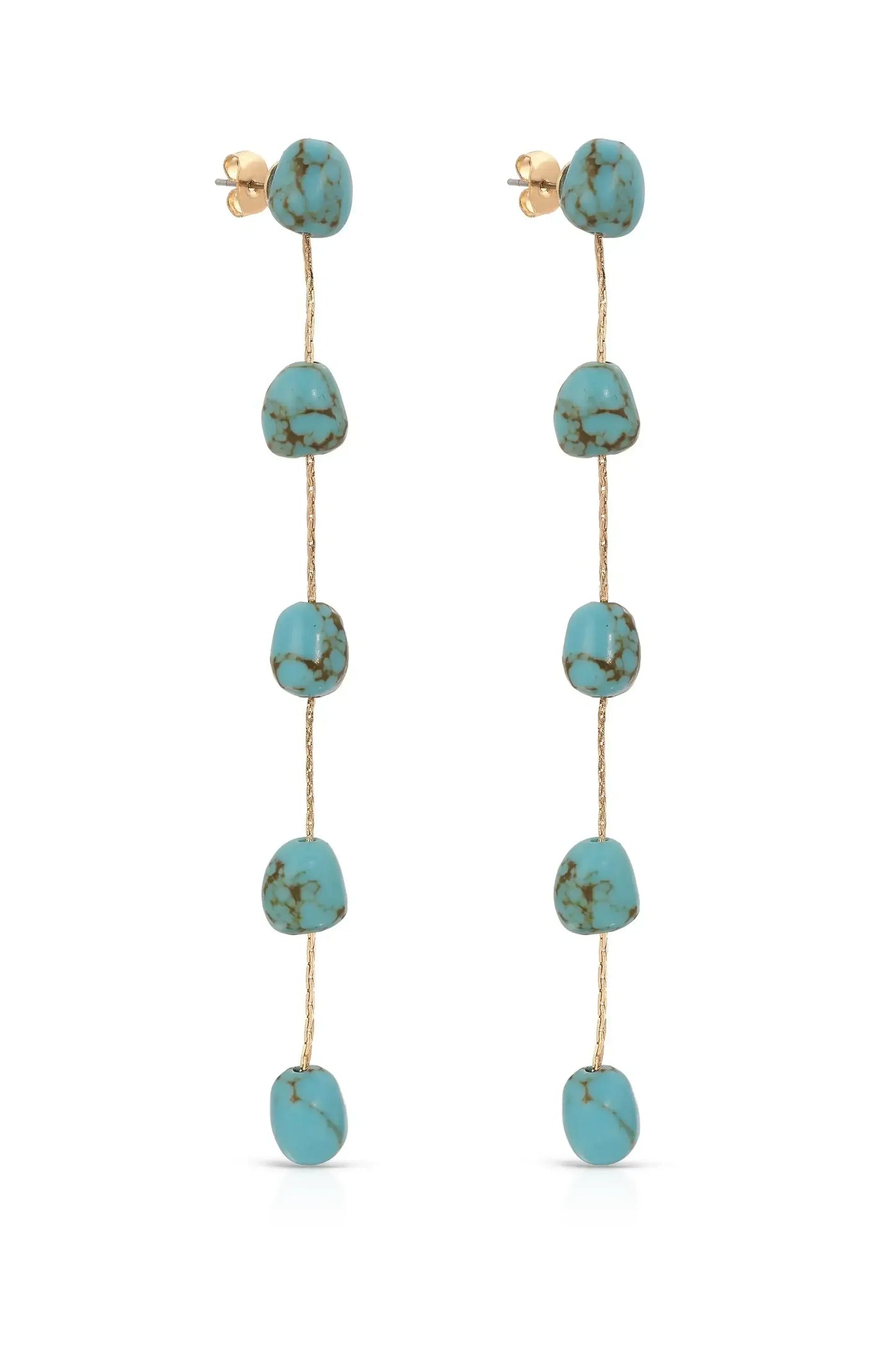 Turquoise-stone earrings feature a cascading design with multiple stones attached to golden strands. They hang elegantly, providing a vibrant touch against a neutral background.