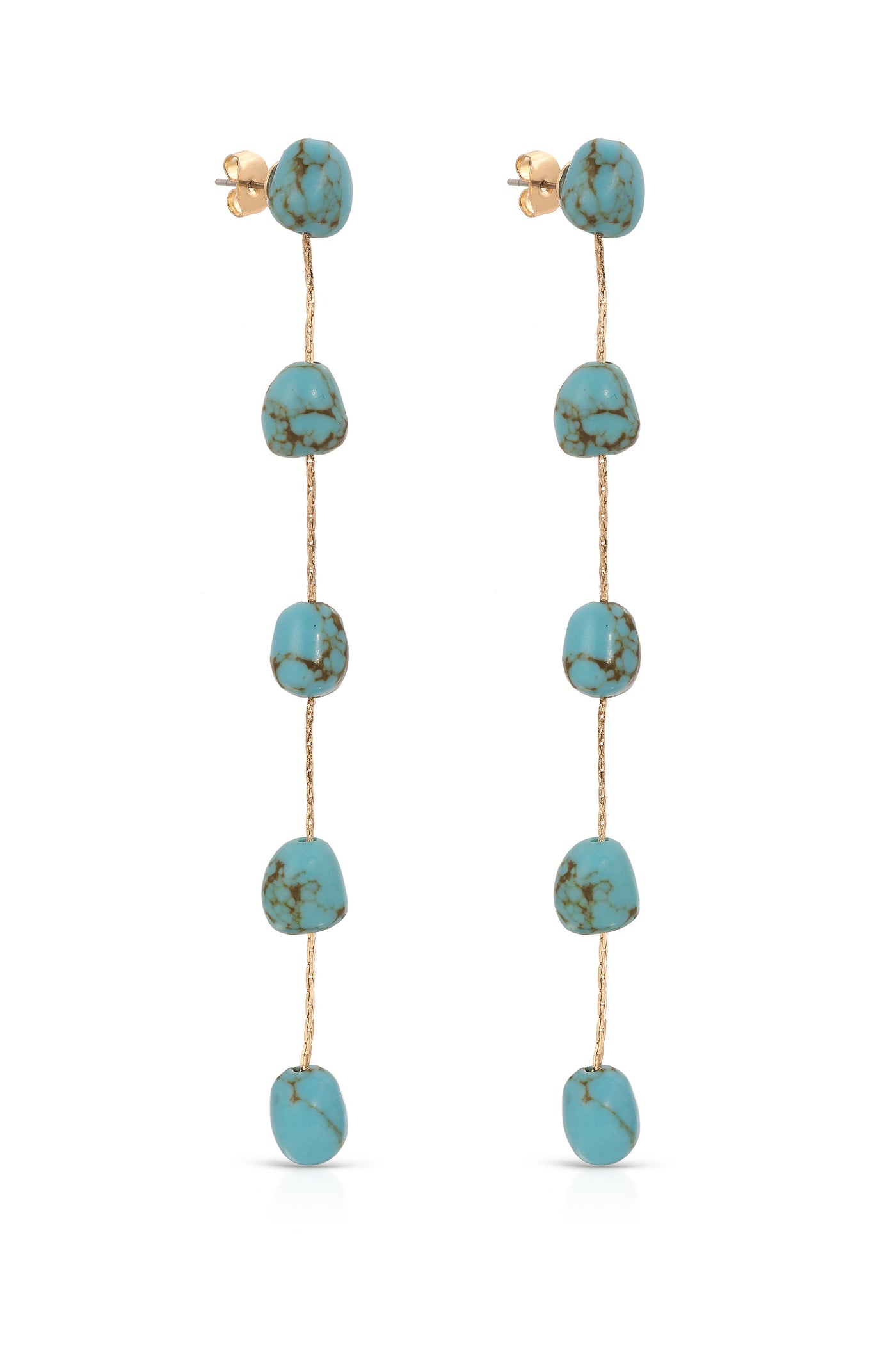 Turquoise-stone earrings feature a cascading design with multiple stones attached to golden strands. They hang elegantly, providing a vibrant touch against a neutral background.