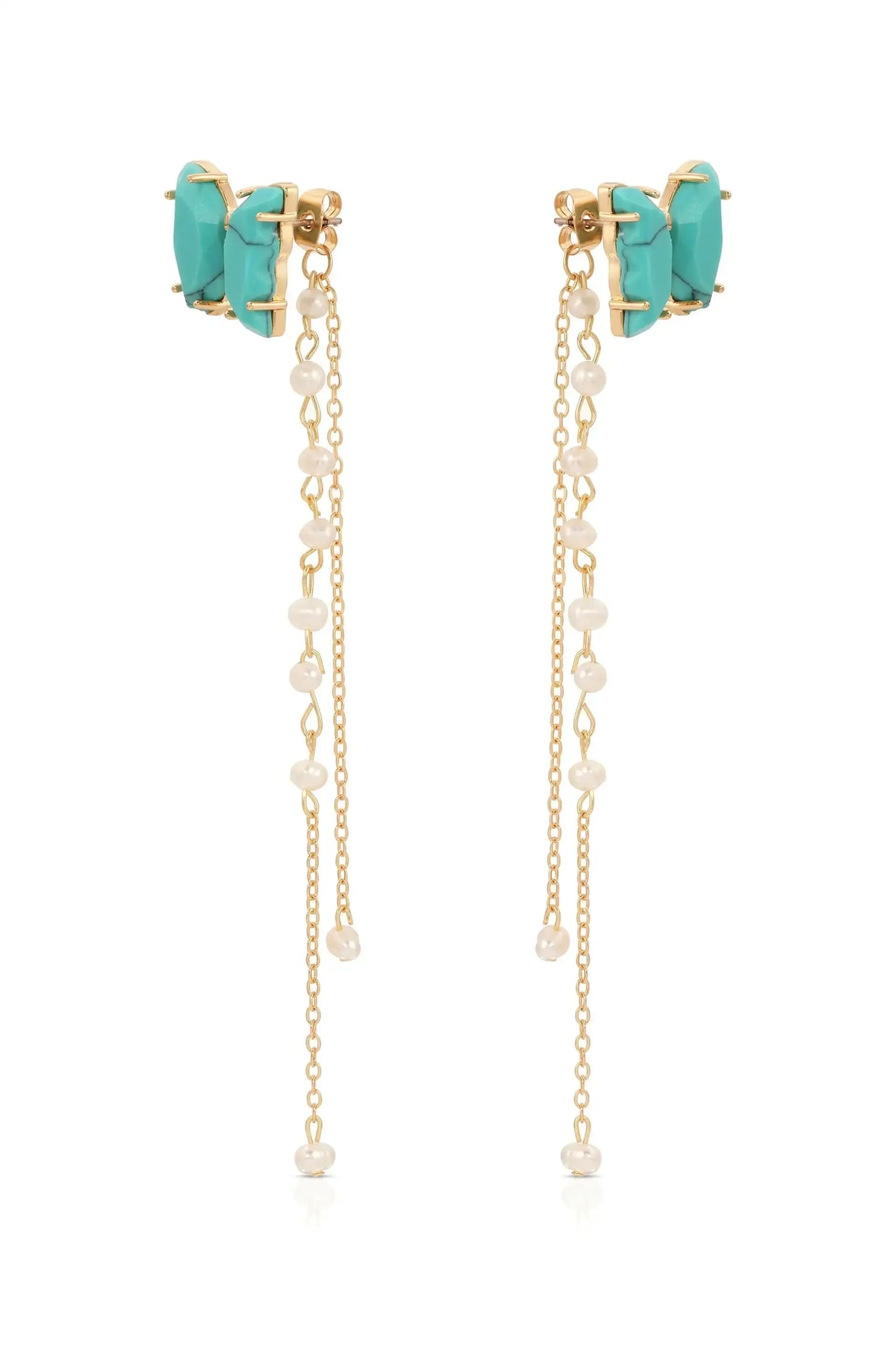 Turquoise earrings with gold bases feature a butterfly-shaped design at the top, connected to delicate chains adorned with small white pearls, creating a stylish accessory suitable for formal occasions.