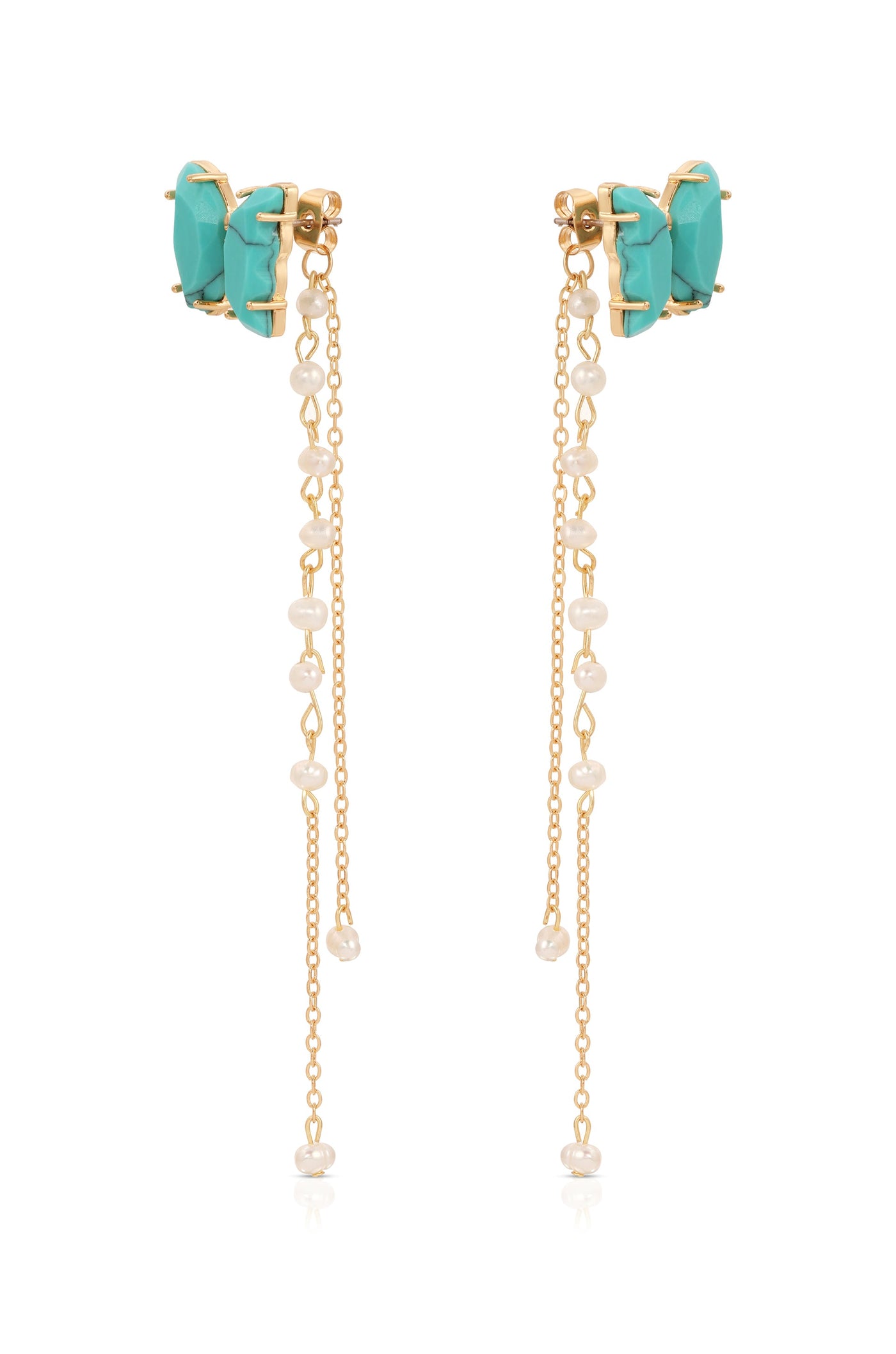 Turquoise earrings with gold bases feature a butterfly-shaped design at the top, connected to delicate chains adorned with small white pearls, creating a stylish accessory suitable for formal occasions.
