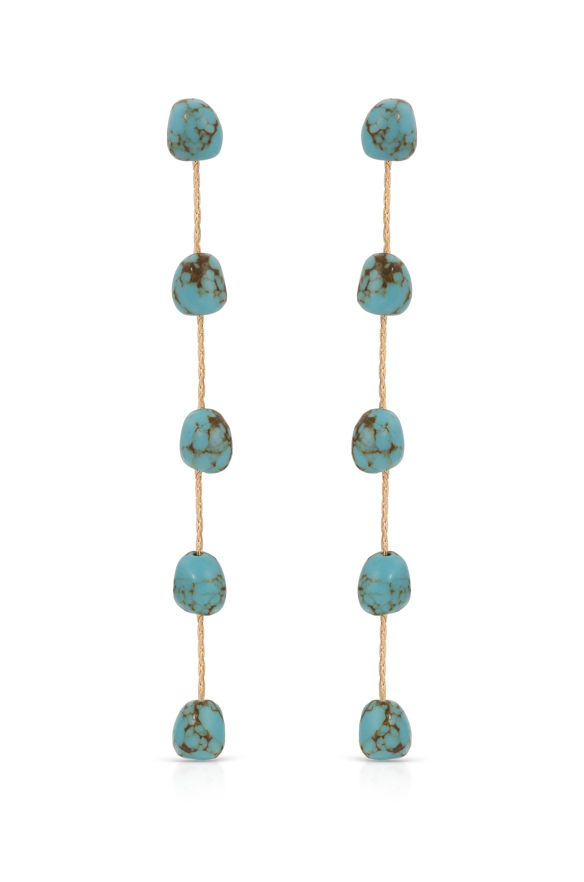 Dangling earrings made of turquoise stones are suspended on thin golden strands, showcasing a repeated pattern. The background is plain and soft, emphasizing the jewelry's color and design.