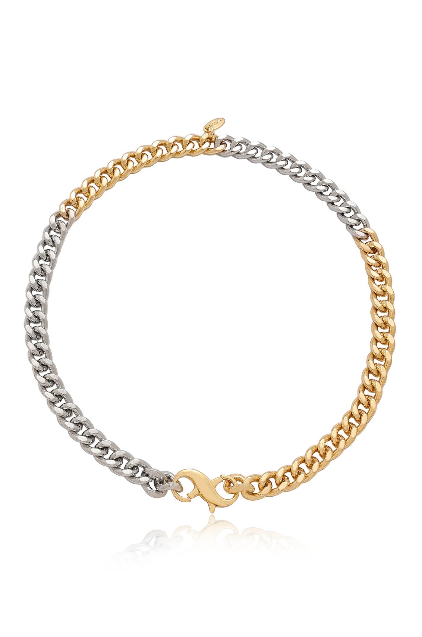 A two-tone chain bracelet combines silver and gold metal links, featuring a clasp for fastening, set against a plain white background that highlights its shine and design.