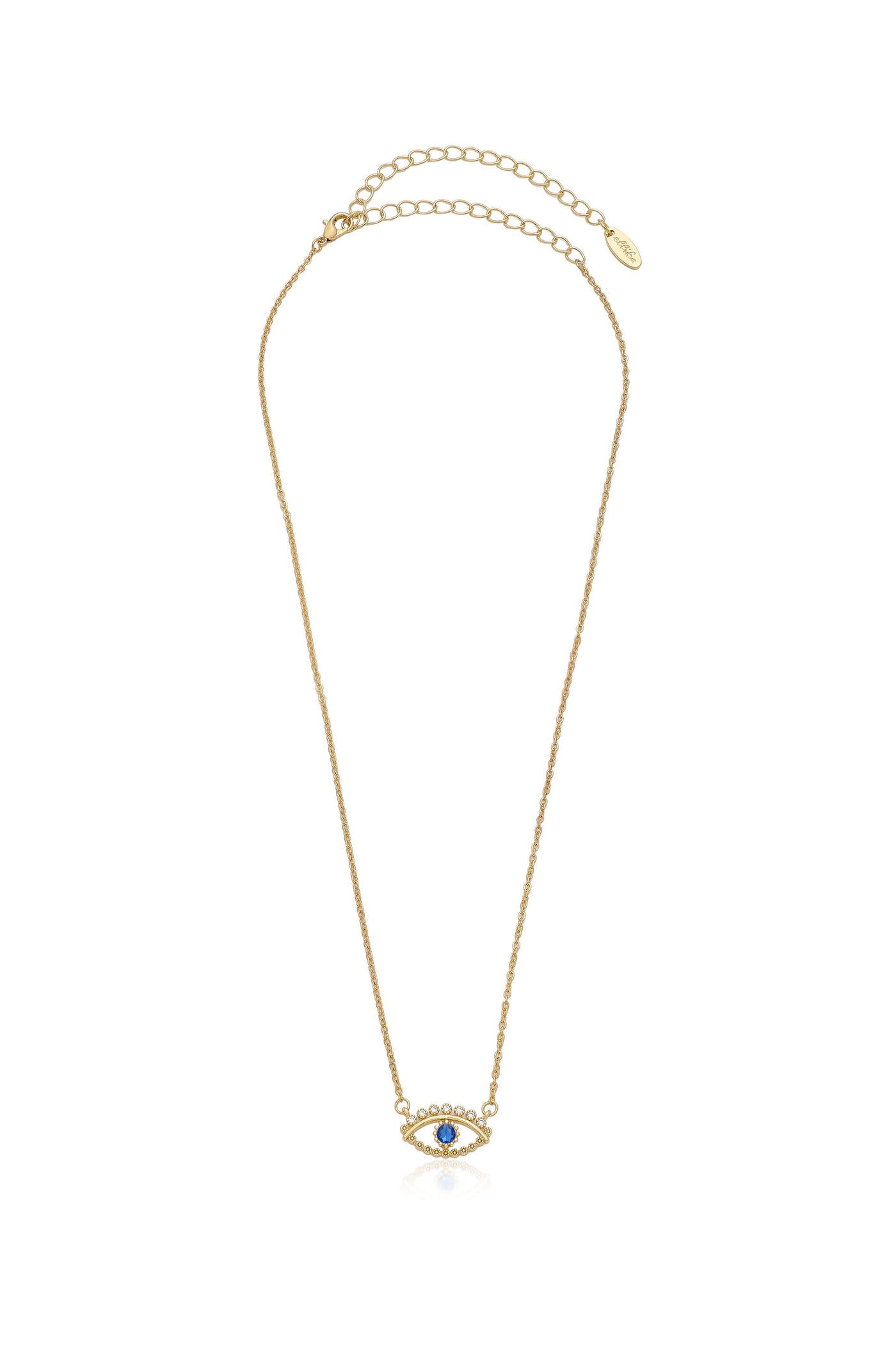 A gold necklace features an eye-shaped pendant with a blue center stone surrounded by small white gems. The chain has an adjustable length with a clasp for fastening.