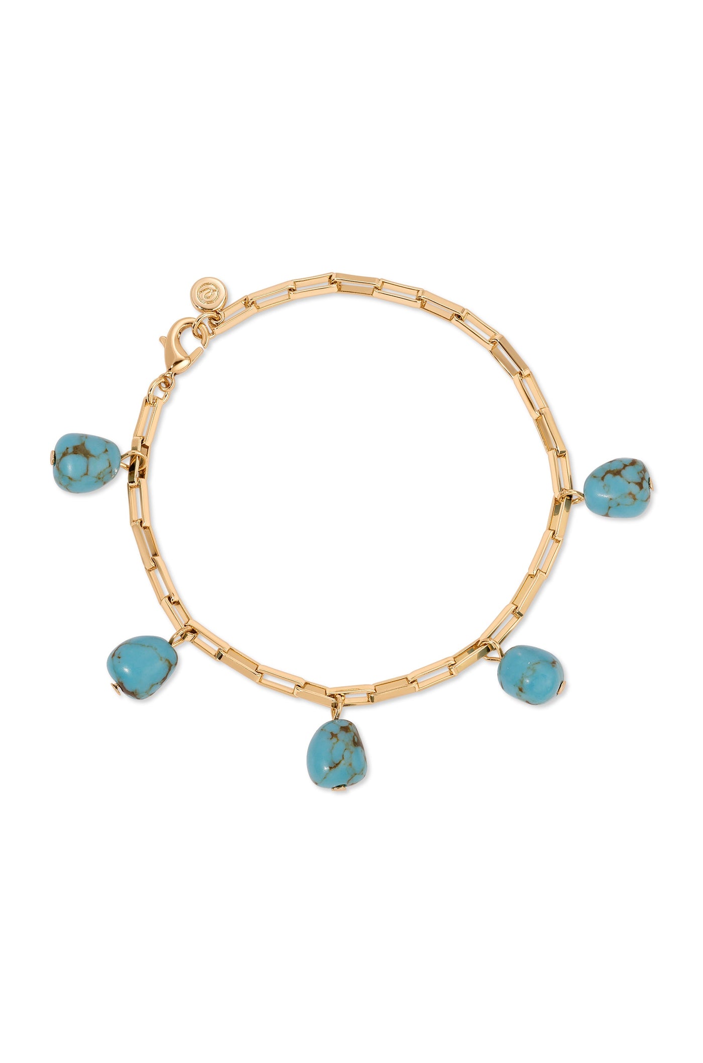 A gold chain bracelet features five turquoise stones attached, displaying a mix of colors and textures. The bracelet's design is modern and elegant, suitable for casual or formal wear.