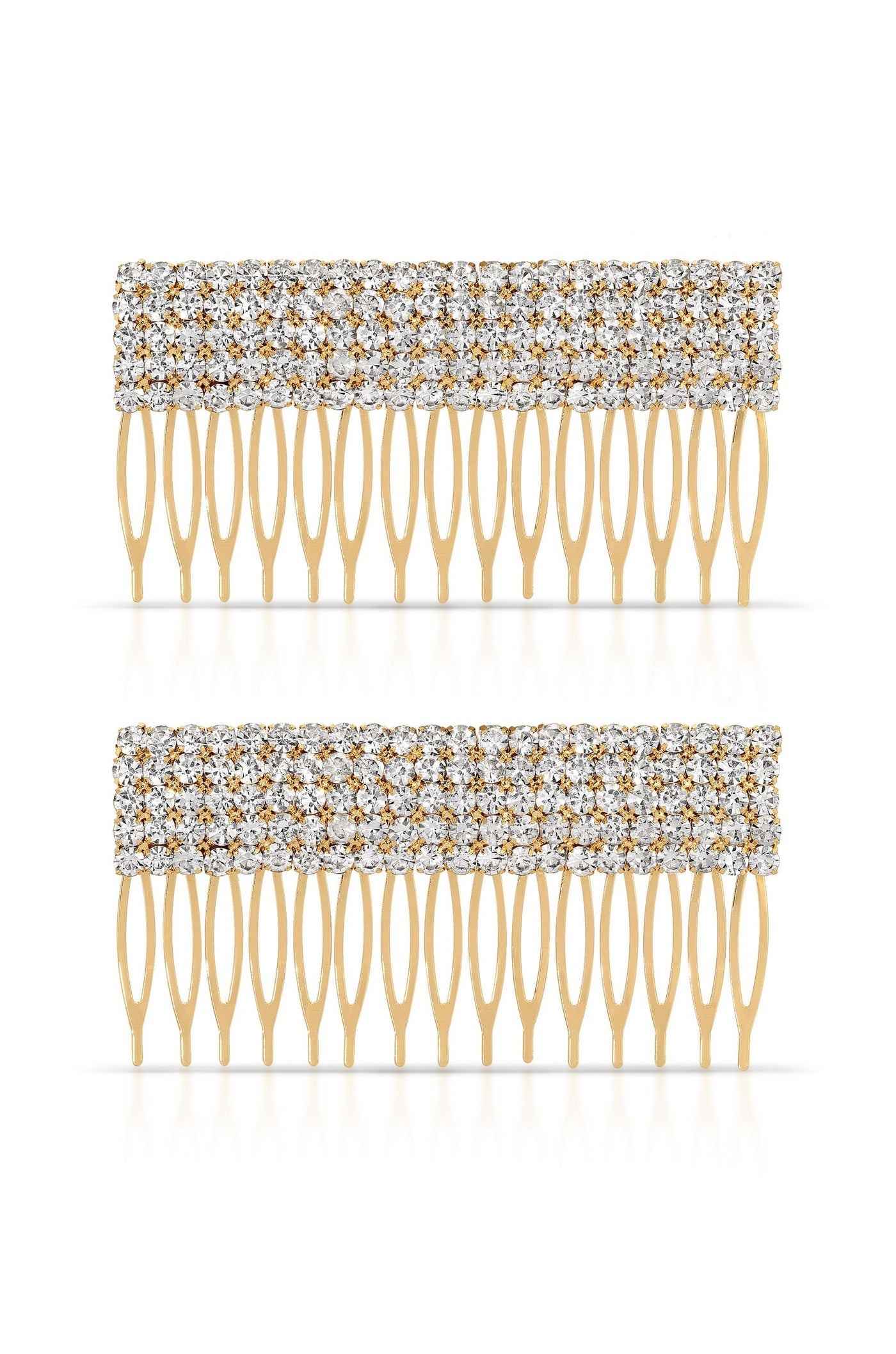 Two gold hair combs, adorned with sparkling rhinestones on the top, are displayed prominently against a white background, showcasing their decorative and functional design for securing hair.