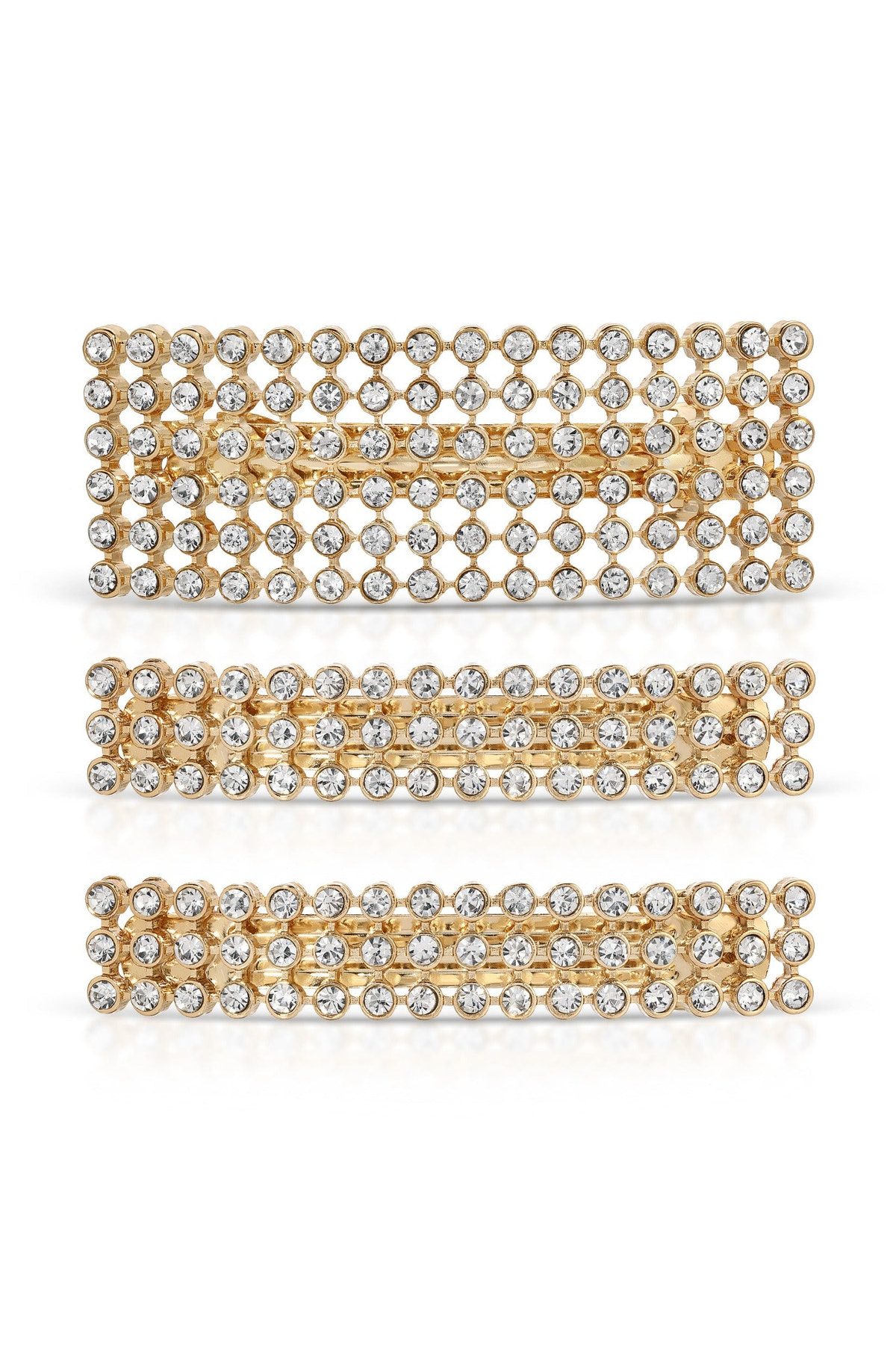 Three rectangular hair clips made of gold-colored metal, adorned with numerous small, sparkling rhinestones. They are arranged vertically against a plain white background, emphasizing their decorative design.