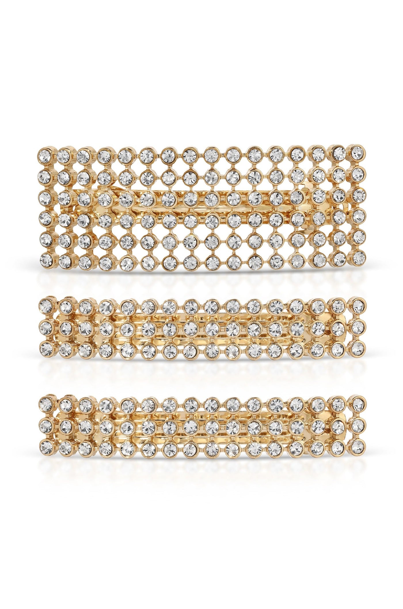 Three rectangular hair clips made of gold-colored metal, adorned with numerous small, sparkling rhinestones. They are arranged vertically against a plain white background, emphasizing their decorative design.