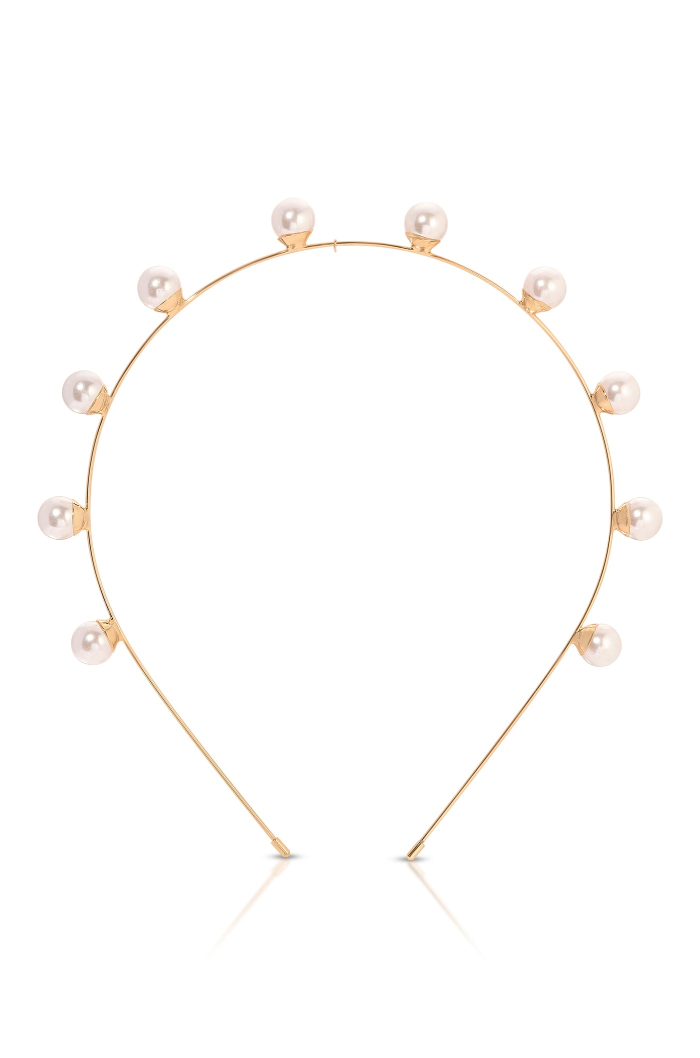A gold headband features a curved wire adorned with evenly spaced, small pearls. The design is elegant and minimalistic against a plain white background, emphasizing its delicate craftsmanship.