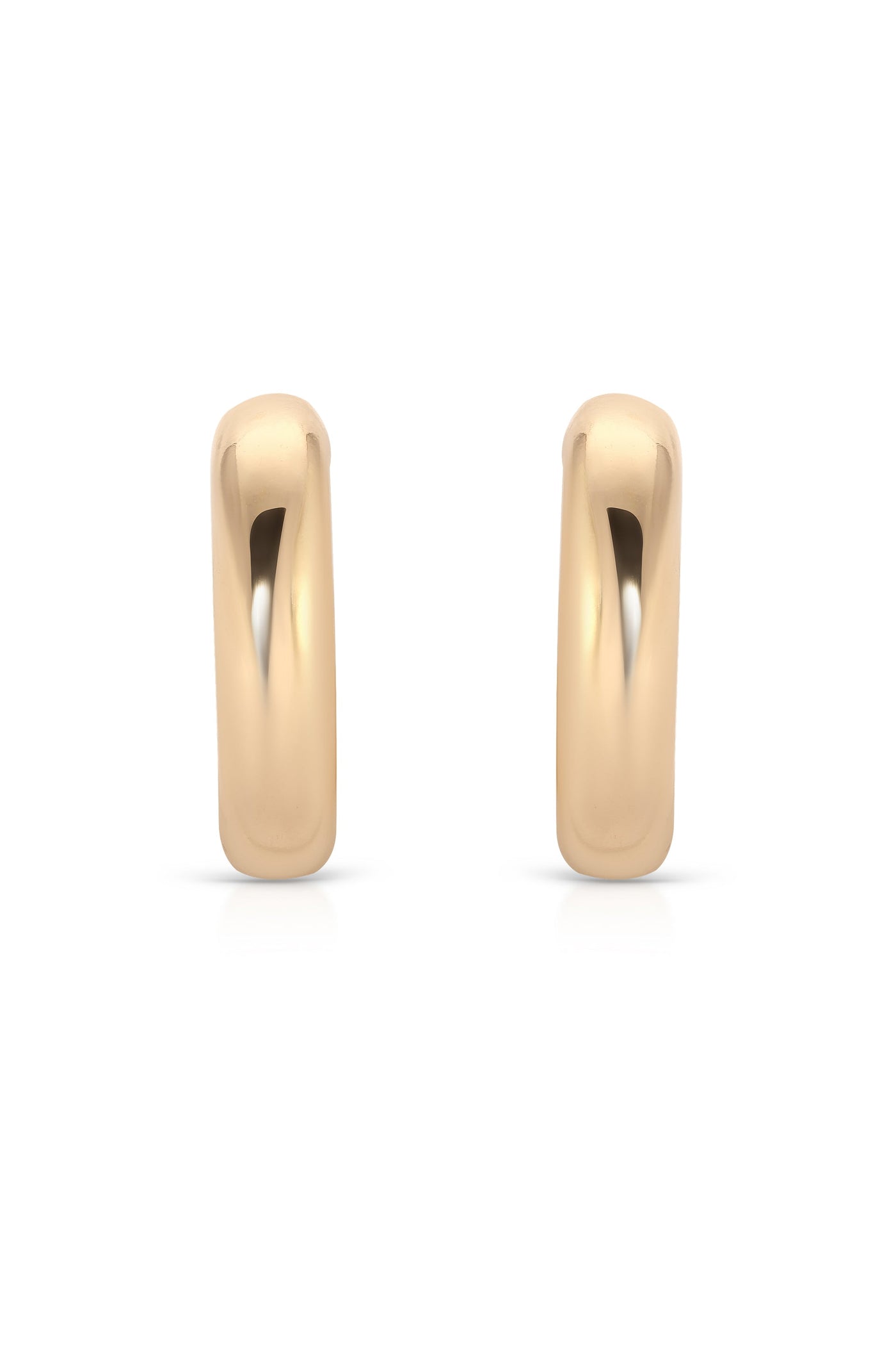 Two gold hoop earrings are displayed side by side. They have a smooth, polished finish and a slight curve, reflecting light. The background is white, emphasizing their shine and design.