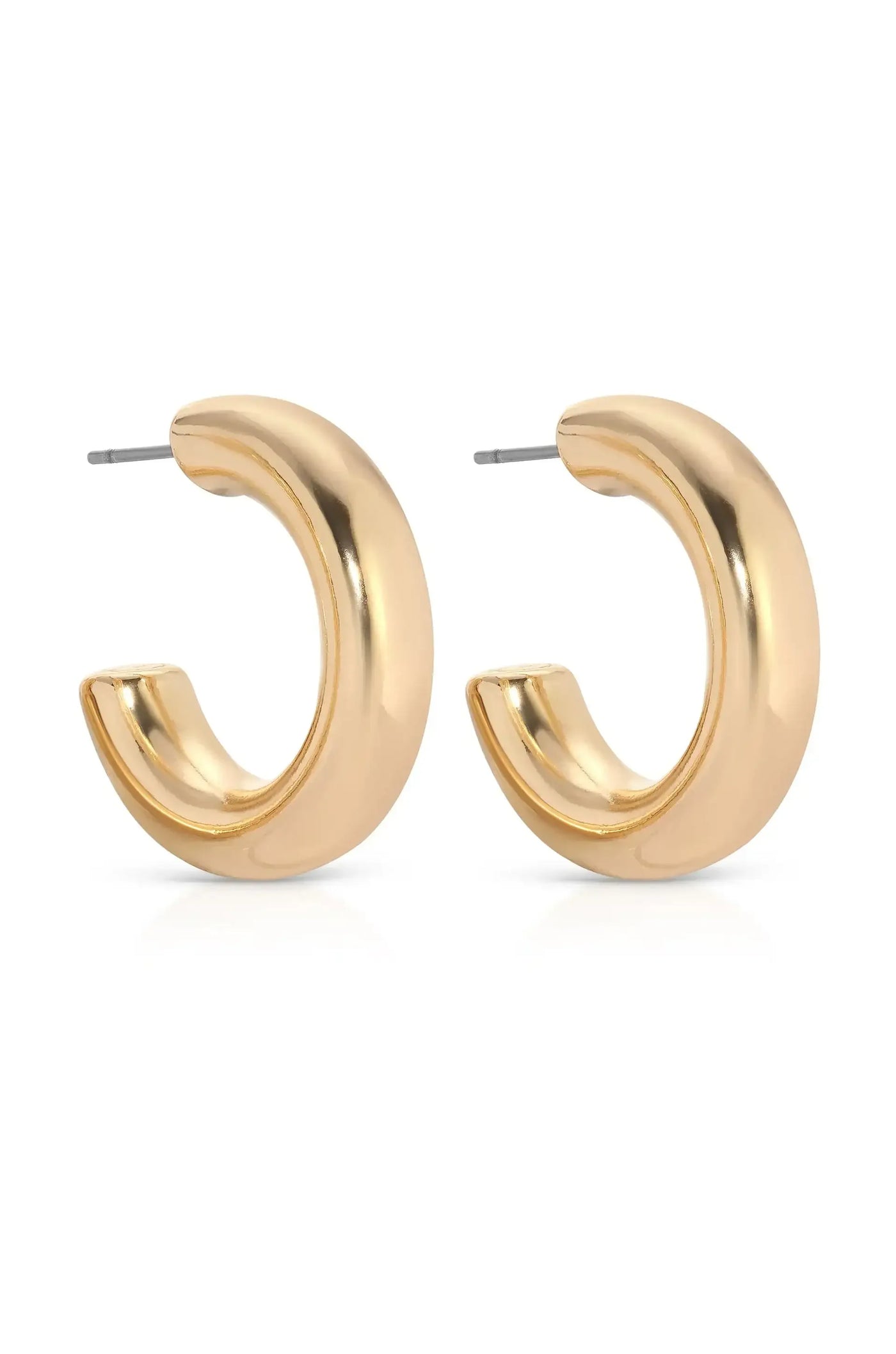 A pair of glossy gold hoop earrings sits against a plain white background. The earrings are semi-circular, featuring a smooth, reflective surface and a small post for fastening.