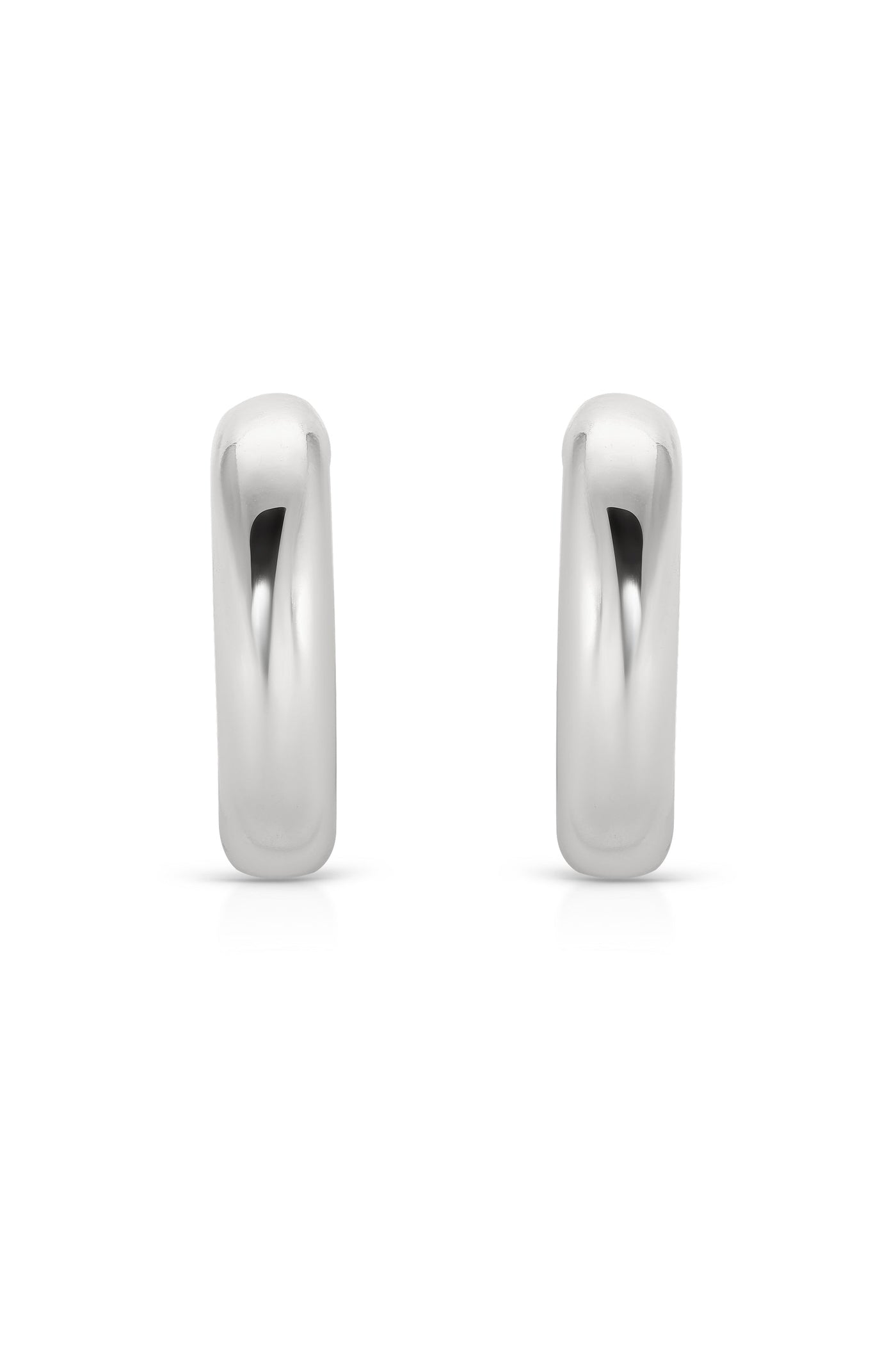 Two shiny silver hoop earrings are positioned upright, showcasing their smooth and rounded design. They are displayed against a plain white background, emphasizing their reflective surface and elegant shape.