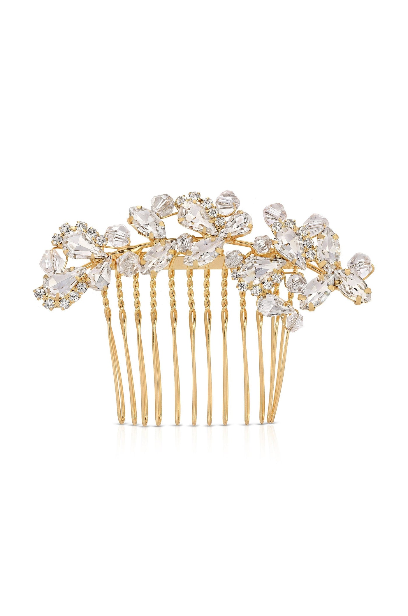A decorative hair comb features intricate floral designs adorned with clear crystals, attached to a golden base with multiple prongs for securing in the hair, set against a white background.