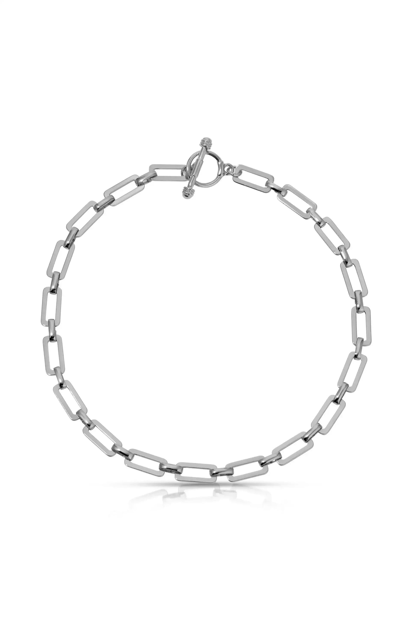 A metallic silver chain bracelet featuring rectangular links connected in a series. It has a toggle clasp for closure, displayed against a white background.