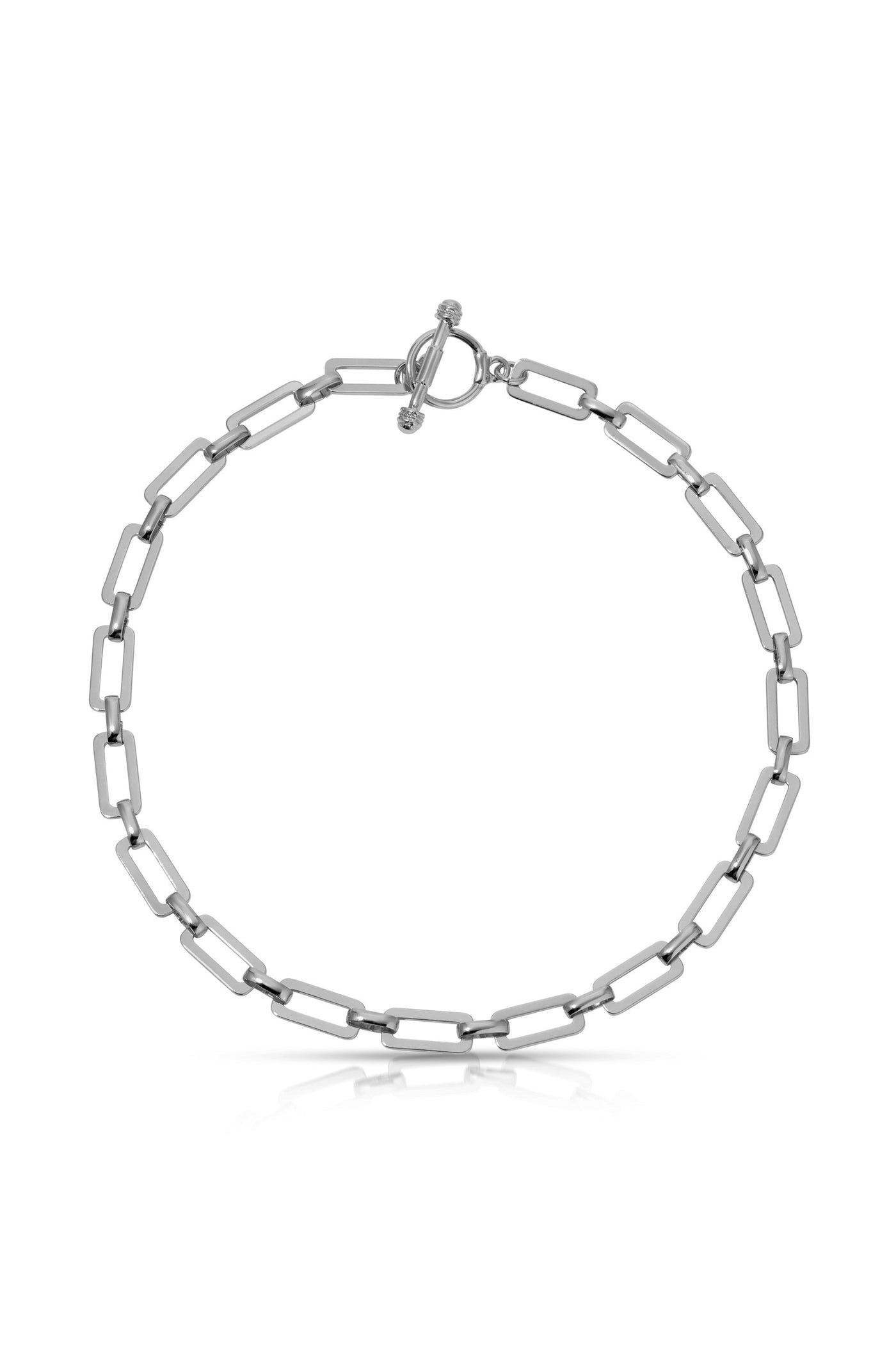 A metallic silver chain bracelet featuring rectangular links connected in a series. It has a toggle clasp for closure, displayed against a white background.