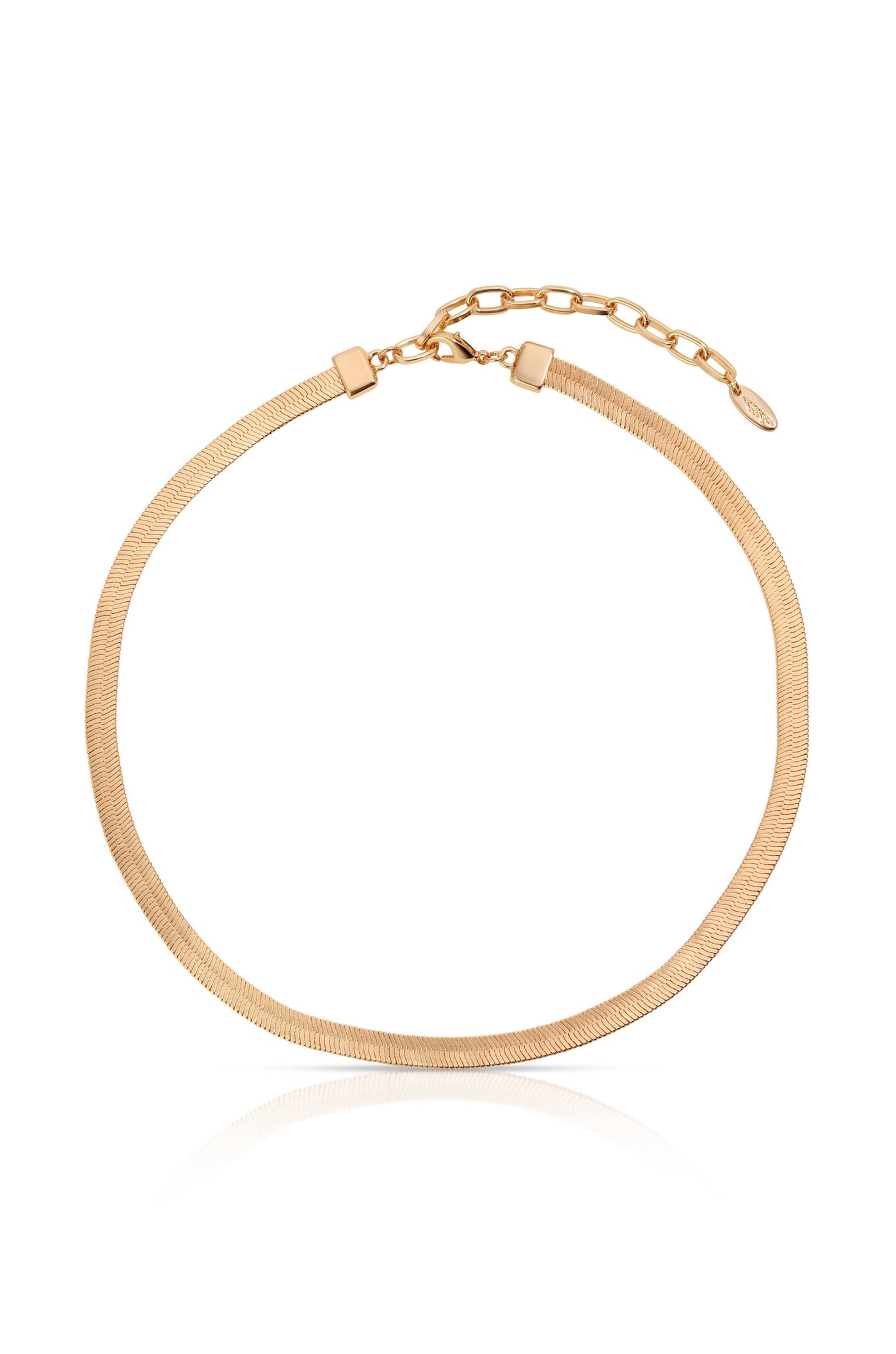 A sleek gold necklace lies flat, showcasing its smooth, flexible design. It features a clasp and an adjustable chain for length, appearing elegant against a plain white background.