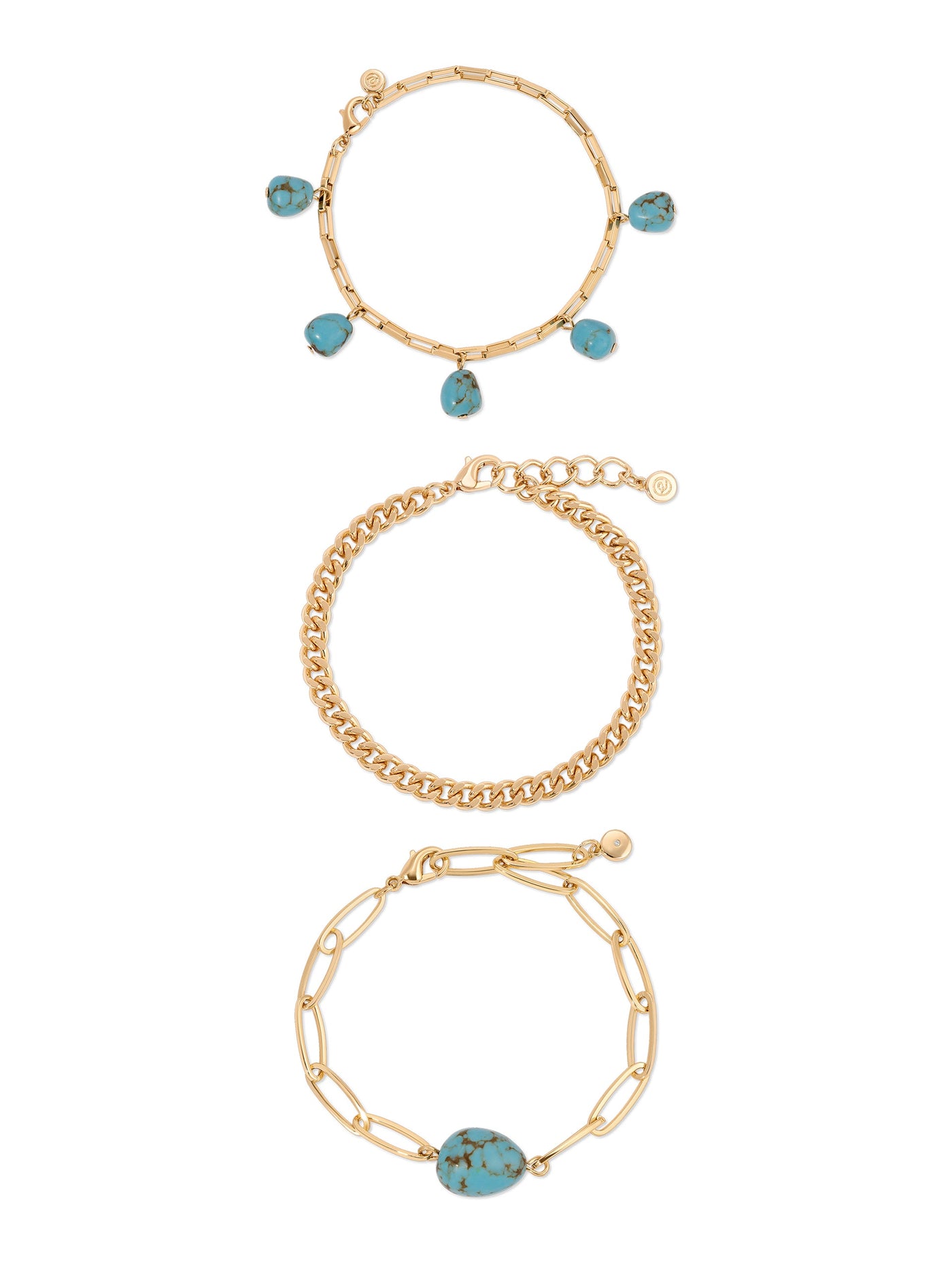 Three bracelets are displayed vertically: the top features gold links with turquoise drops, the middle is a chunky gold chain, and the bottom has elongated links with a single turquoise stone.