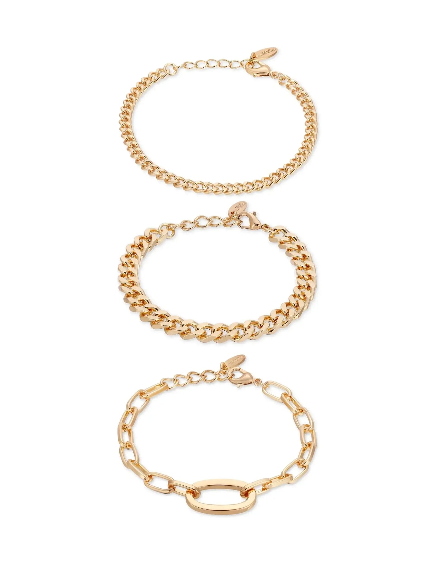 Three gold bracelets are displayed, each featuring different chain styles. They rest against a plain background, showcasing their shiny, reflective surfaces and unique designs.