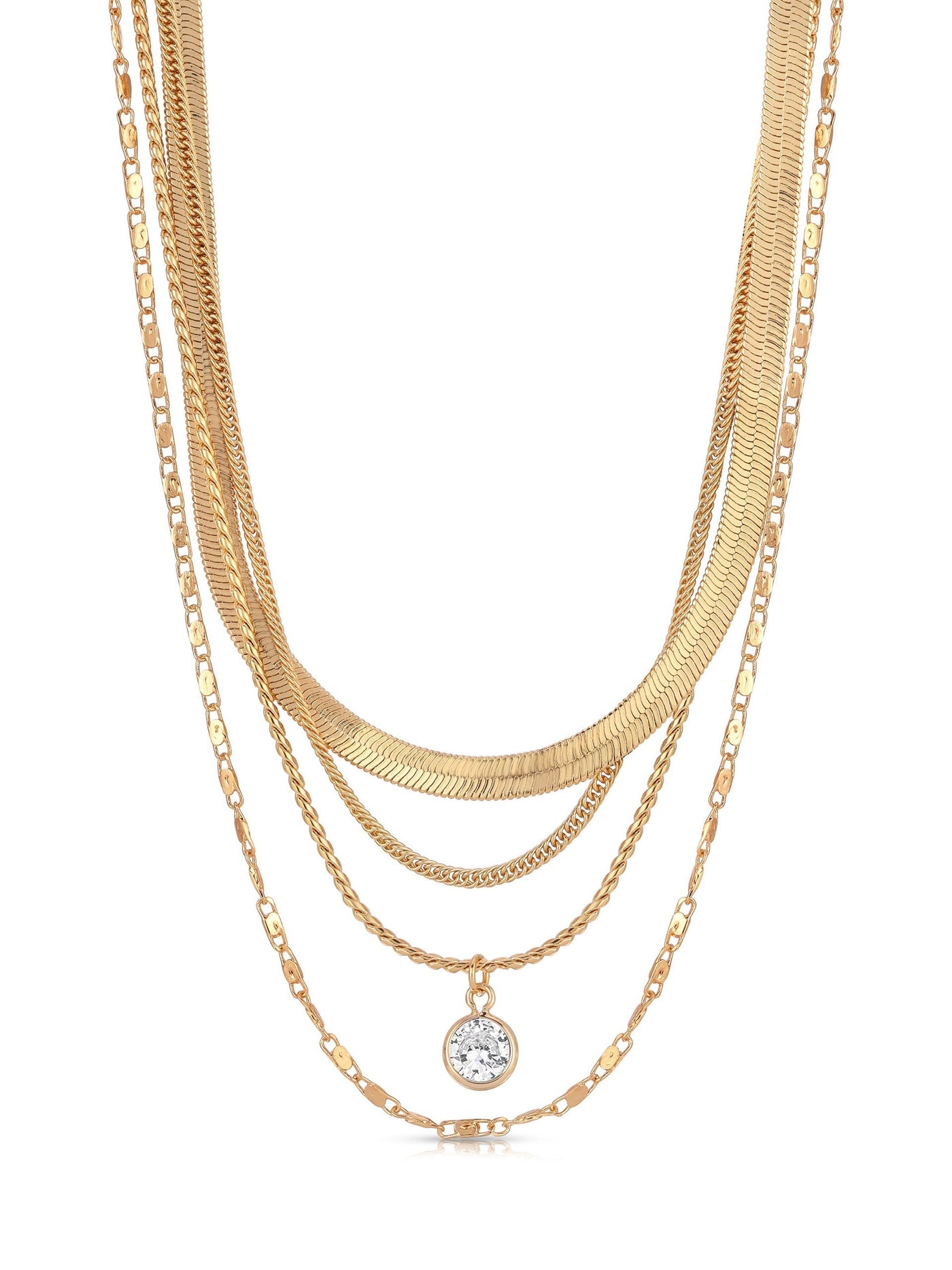 A collection of gold necklaces, layered with different chain styles, features a central pendant. The setting is neutral, emphasizing the shimmer and design of the jewelry pieces.