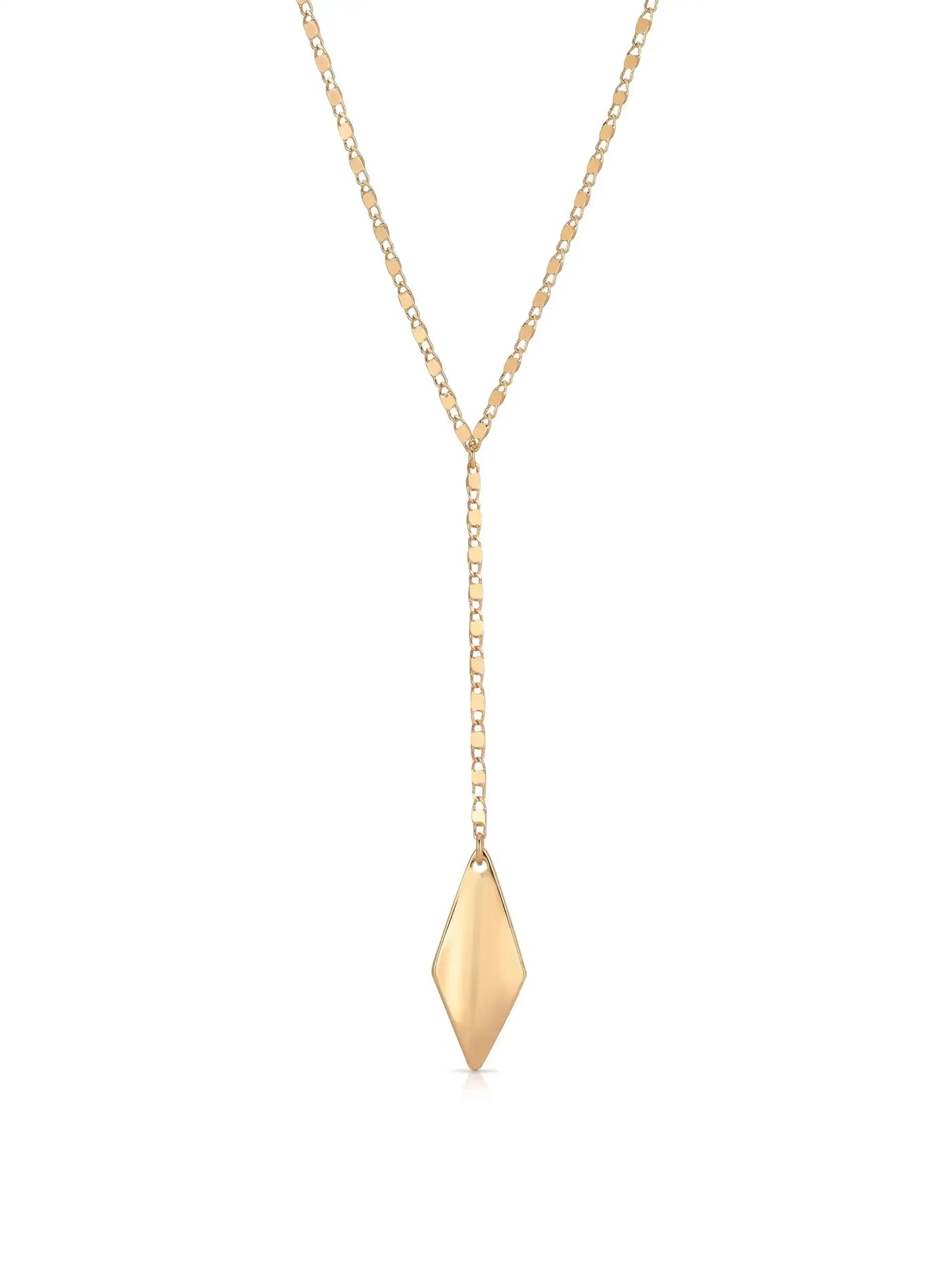 A gold pendant necklace features a diamond-shaped pendant hanging from a delicate chain. The piece is displayed against a plain white background, accentuating its sleek design and shiny finish.