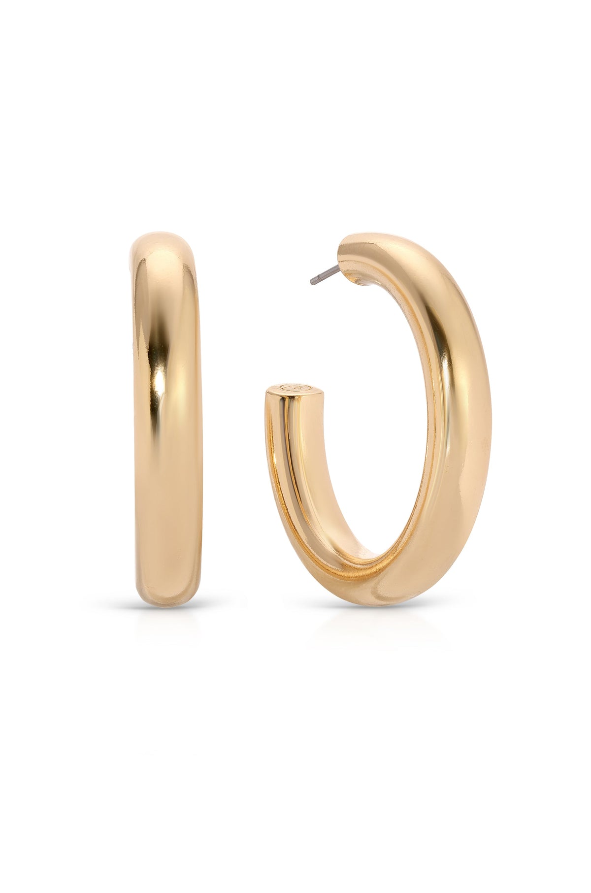 A pair of shiny gold hoop earrings stands prominently, highlighting their smooth, rounded design. The background is plain and neutral, enhancing the earrings' elegant appearance.