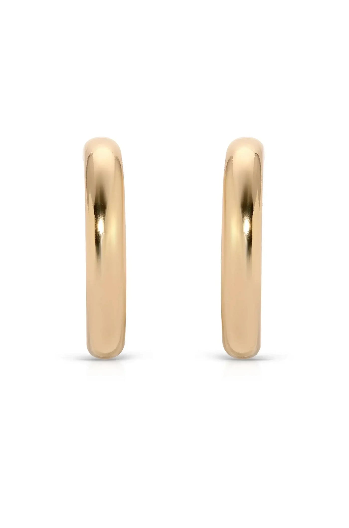 Two gold hoop earrings are displayed upright, side by side. They have a smooth, shiny surface that reflects light, set against a plain white background.
