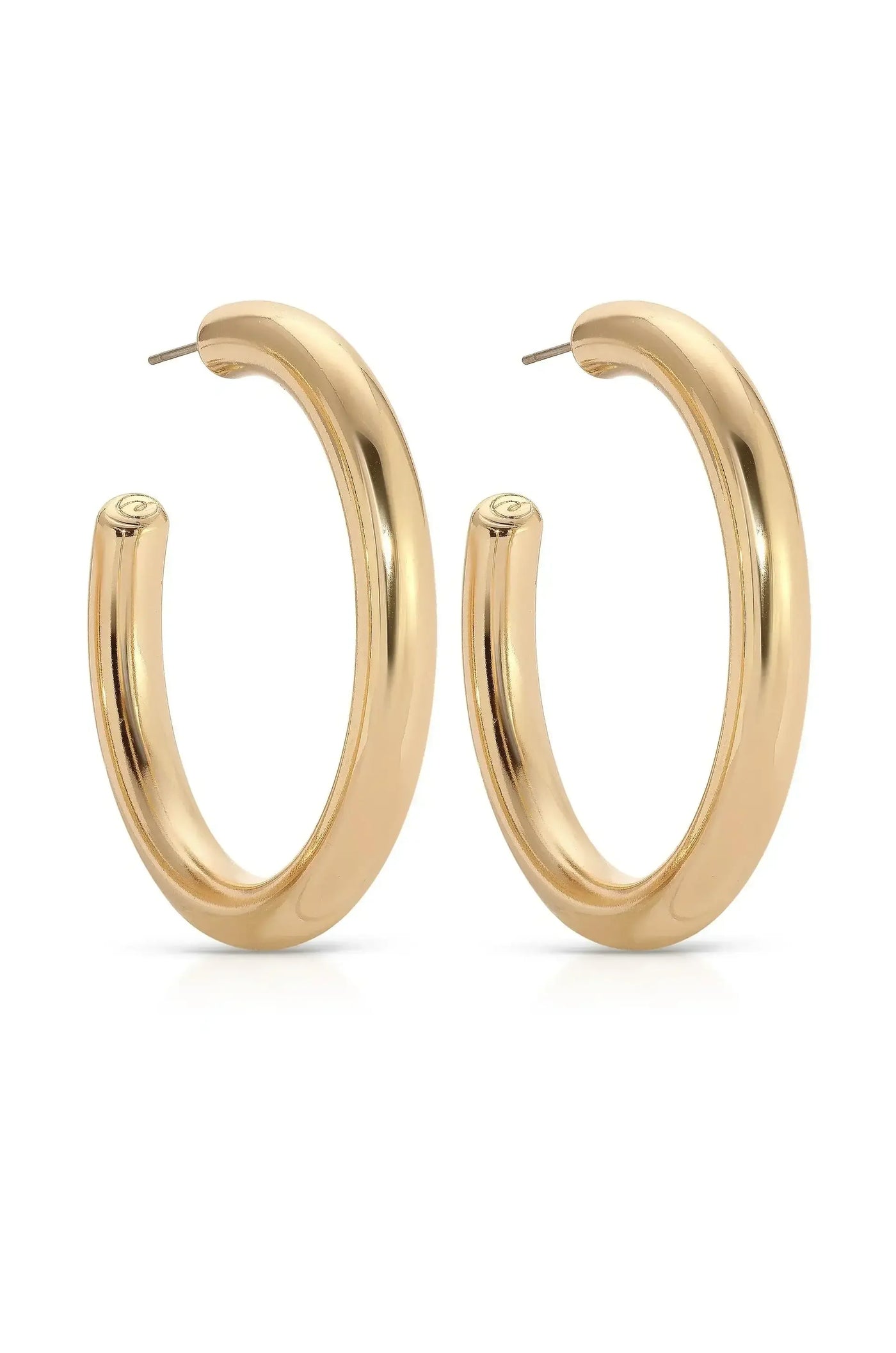 A pair of shiny gold hoop earrings are displayed upright, showcasing their smooth, curved surfaces and polished finish. The background is plain white, emphasizing the earrings' design.