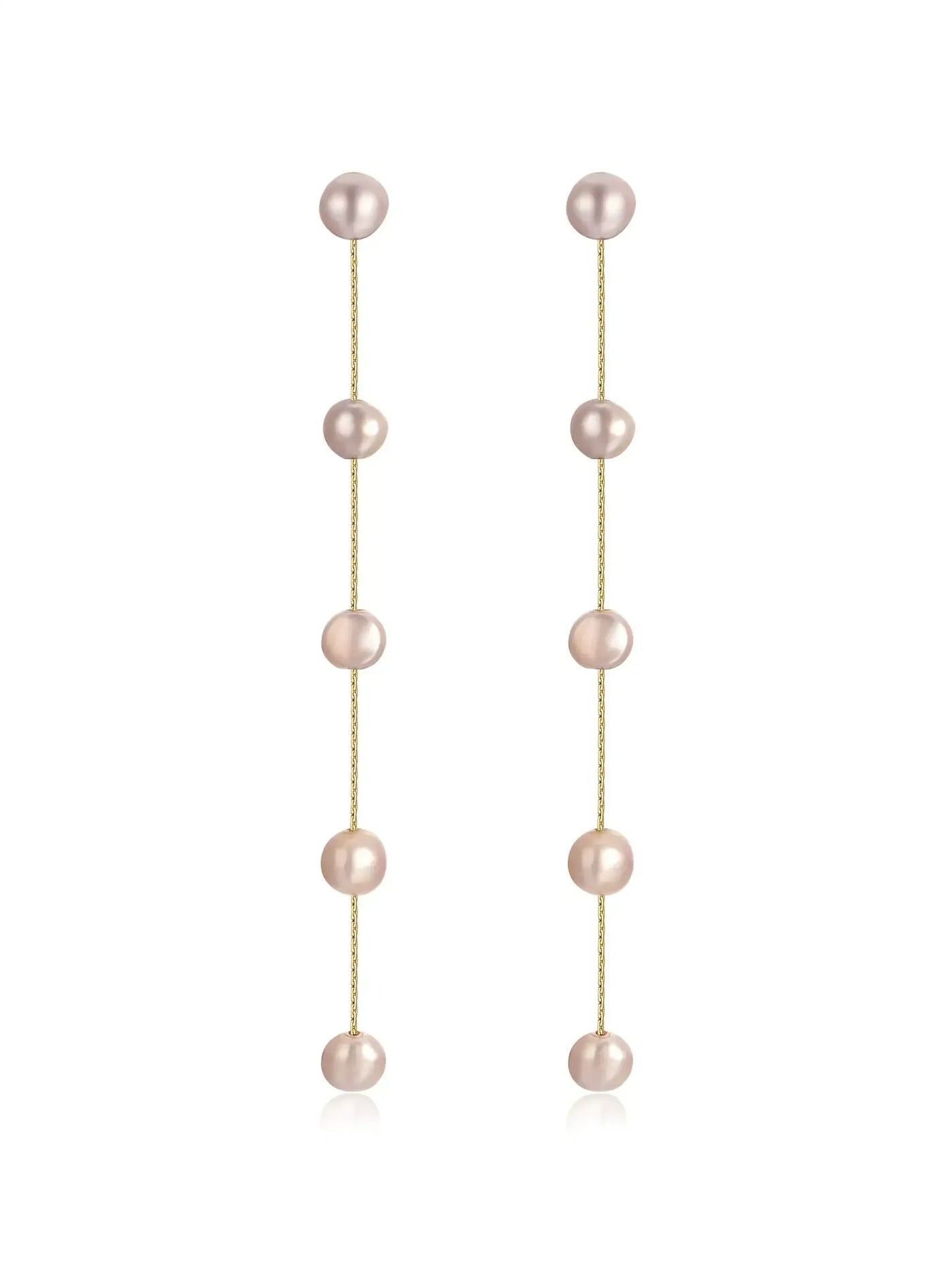 Two long, dangling earrings feature a series of round, pink pearls connected by thin gold chains, designed to enhance elegance and complement formal or casual attire.