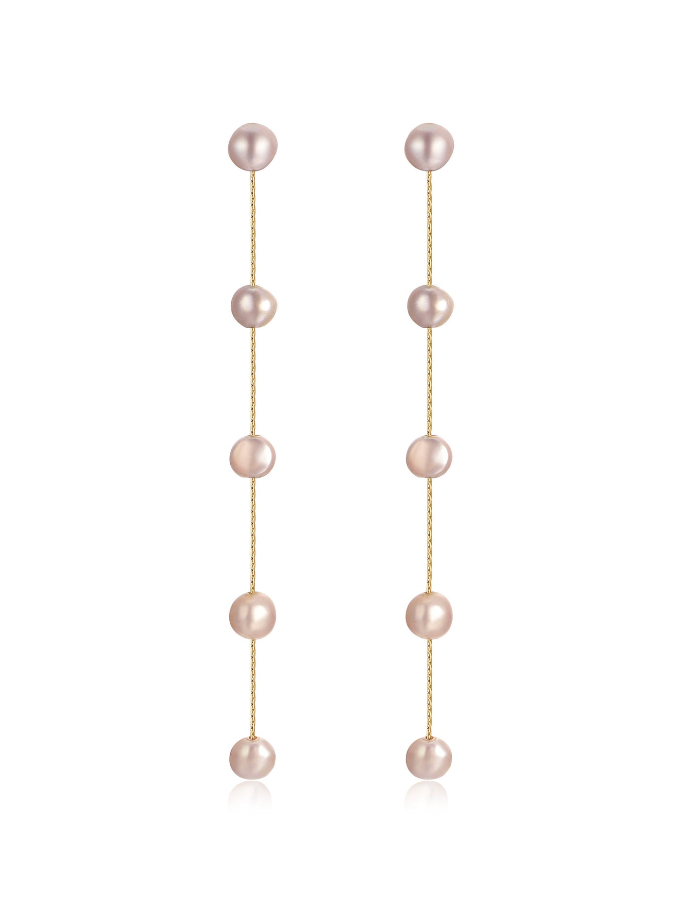 Two long, dangling earrings feature a series of round, pink pearls connected by thin gold chains, designed to enhance elegance and complement formal or casual attire.
