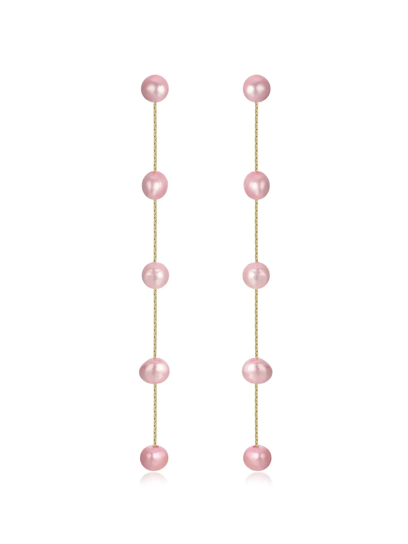 Two earrings with a vertical design feature alternating pink pearls and gold links, elegantly hanging straight down, suggesting a refined and contemporary accessory suitable for formal or casual occasions.