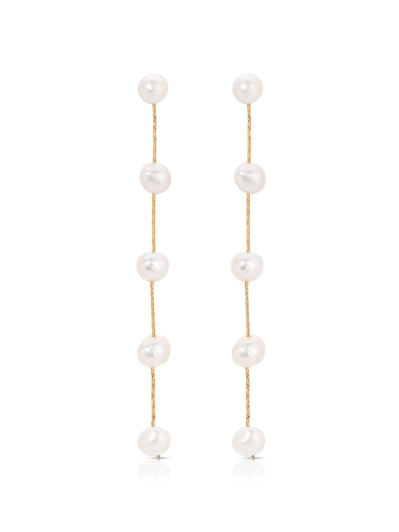 Two long earrings hang vertically, each adorned with several round white pearls strung along a thin, twisted gold wire, creating an elegant and delicate accessory suitable for formal occasions.