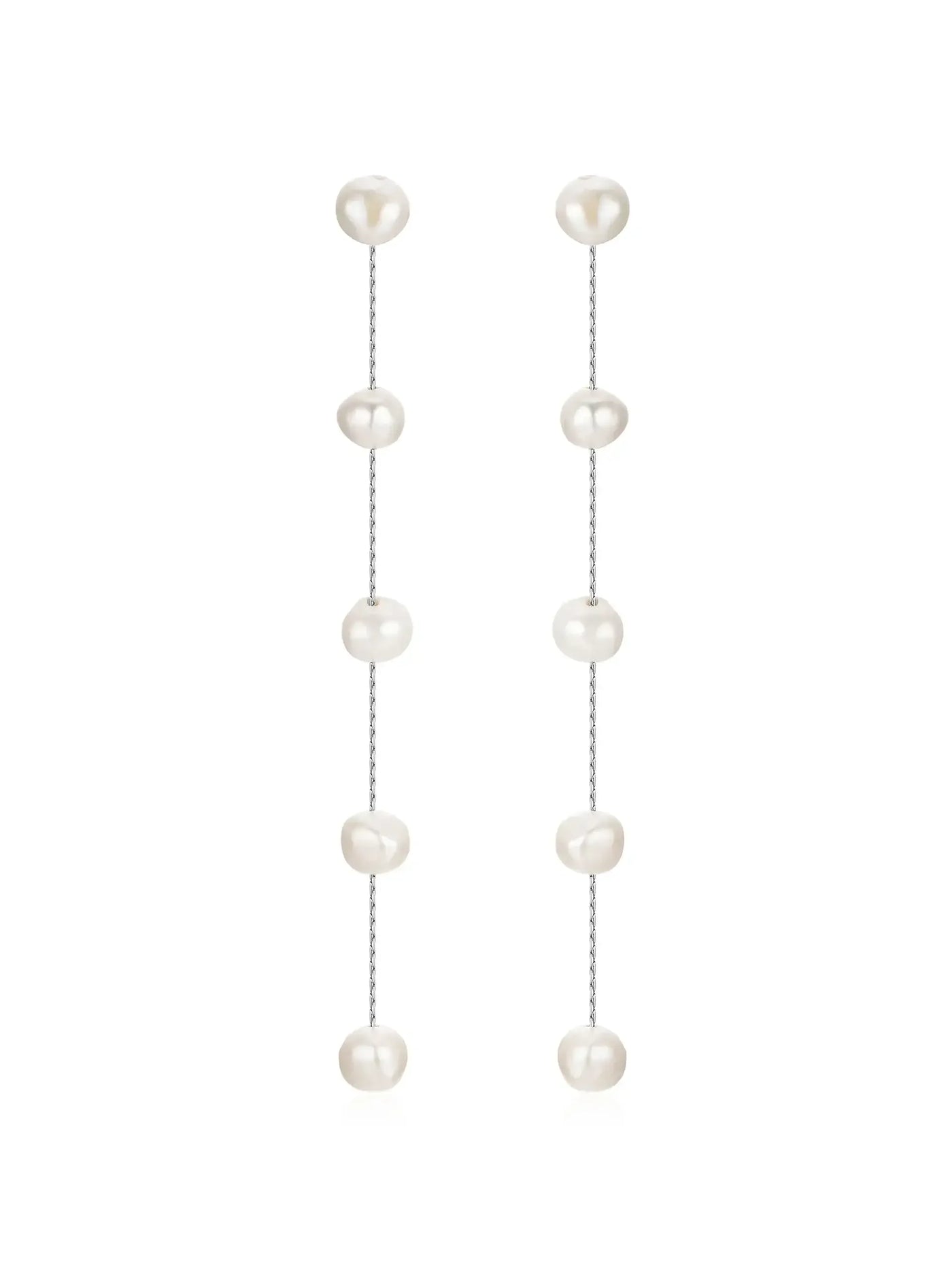 Elegant earrings composed of multiple round pearls strung vertically on thin metal chains, hanging down in a straight line, set against a plain white background.