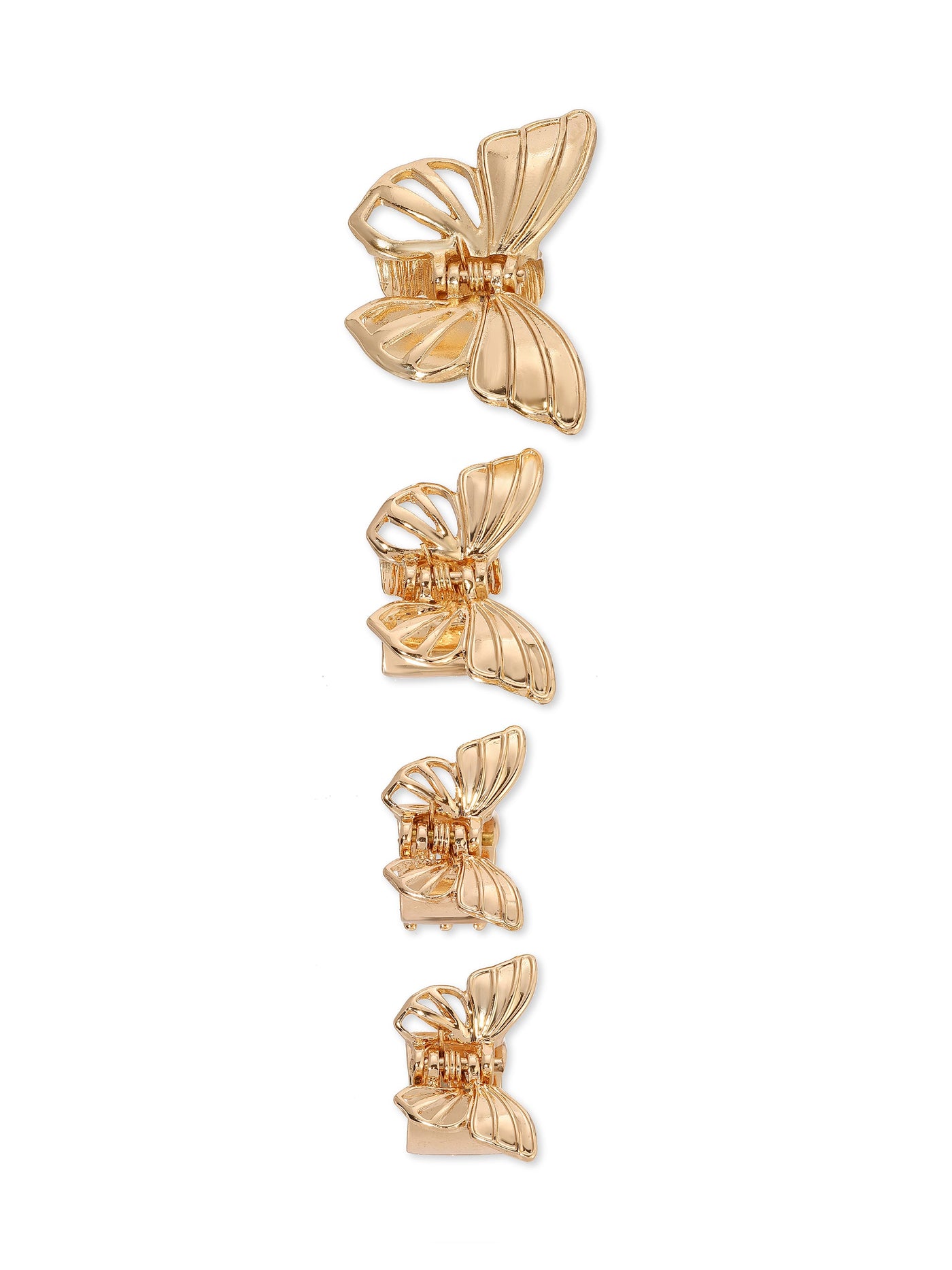 Four gold butterfly-shaped hair clips are arranged vertically, showcasing intricate detailing and varying sizes, intended for securing hair while adding decorative flair in a stylish context.