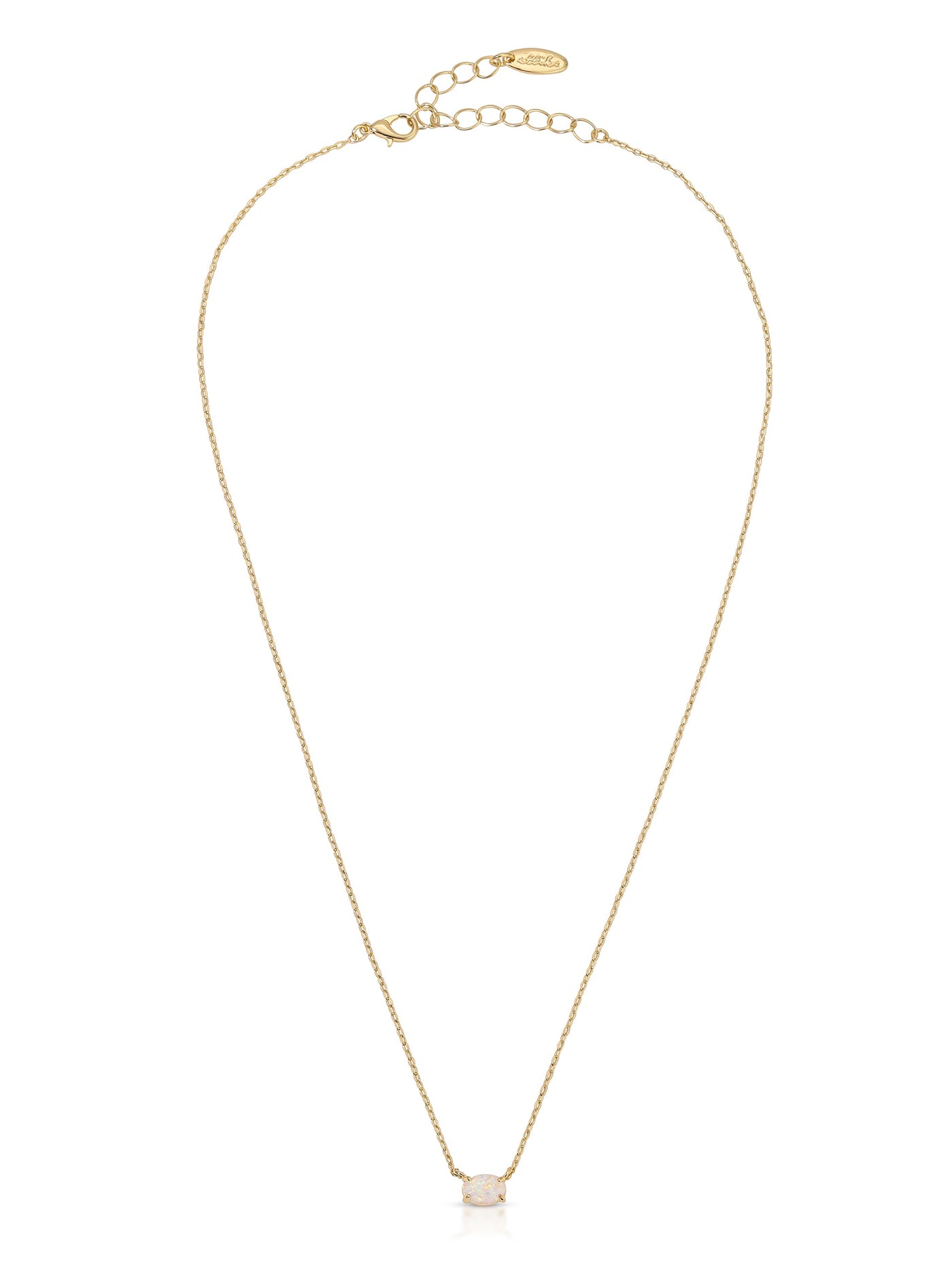A delicate gold necklace features a single decorative stone at the center. It hangs gracefully, showcasing its fine chain and minimalist design, suitable for various occasions.