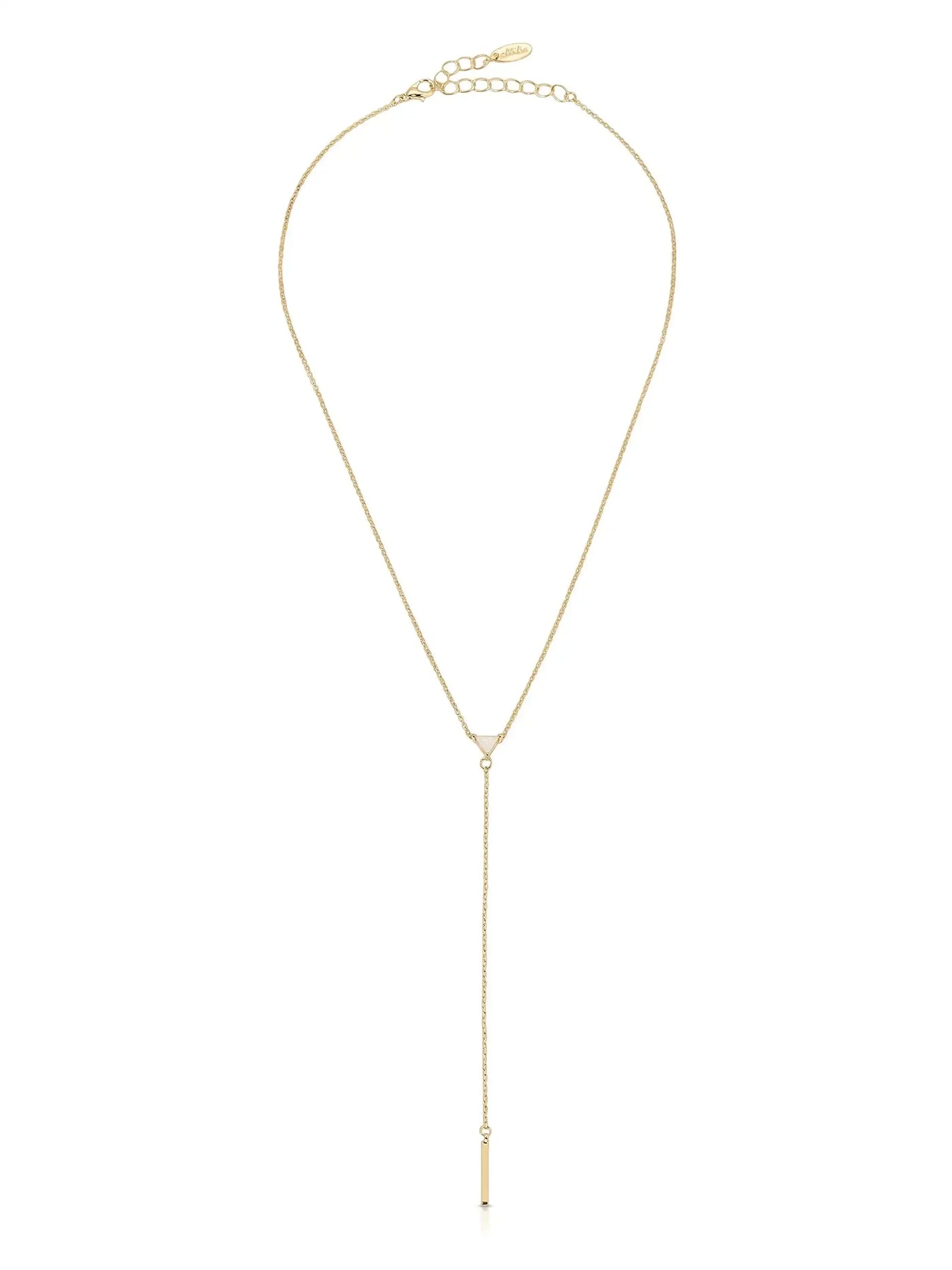 A delicate gold necklace features a long chain with a triangular connector and a vertical bar pendant hanging down, set against a plain white background.