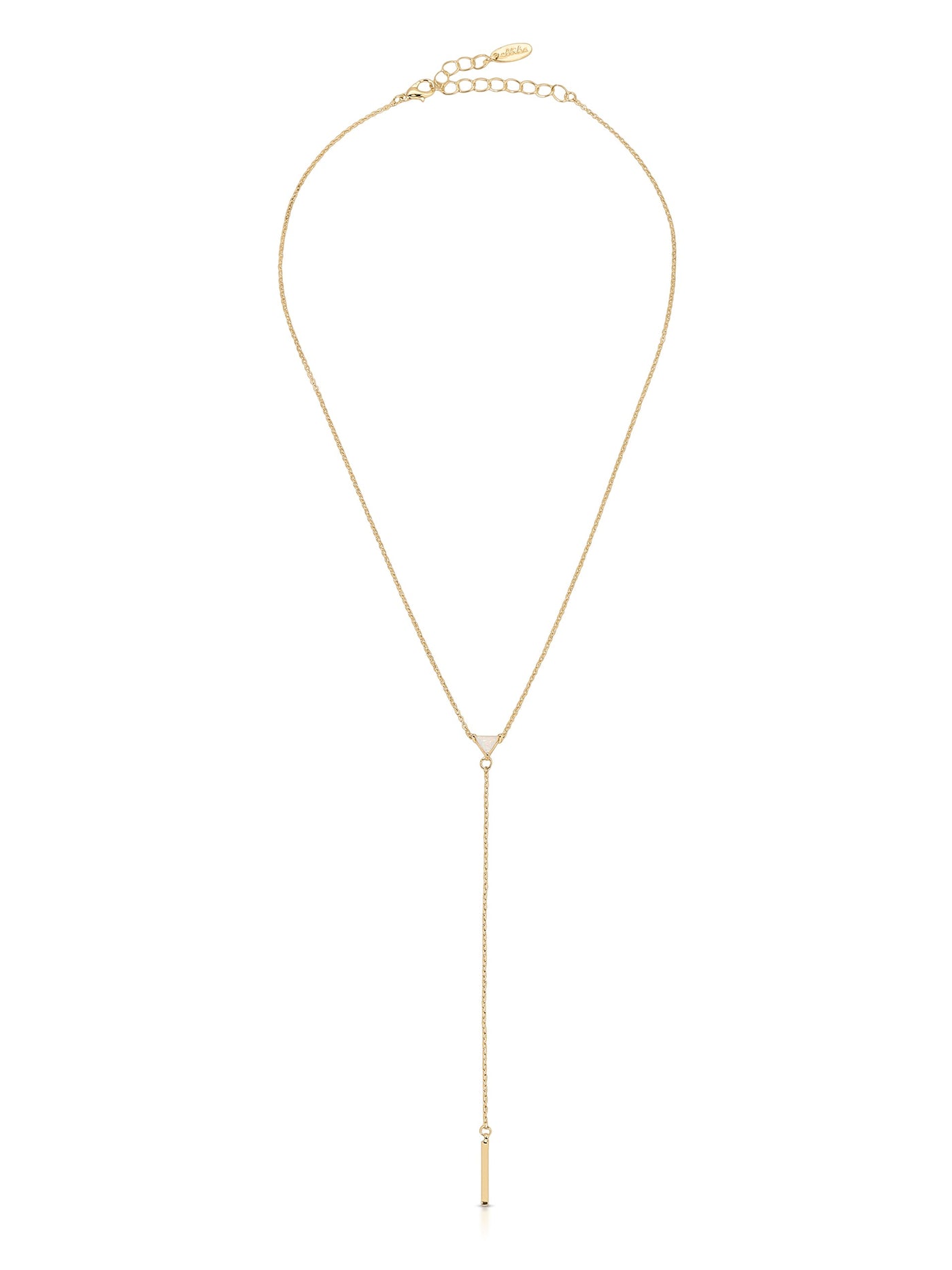 A delicate gold necklace features a long chain with a triangular connector and a vertical bar pendant hanging down, set against a plain white background.