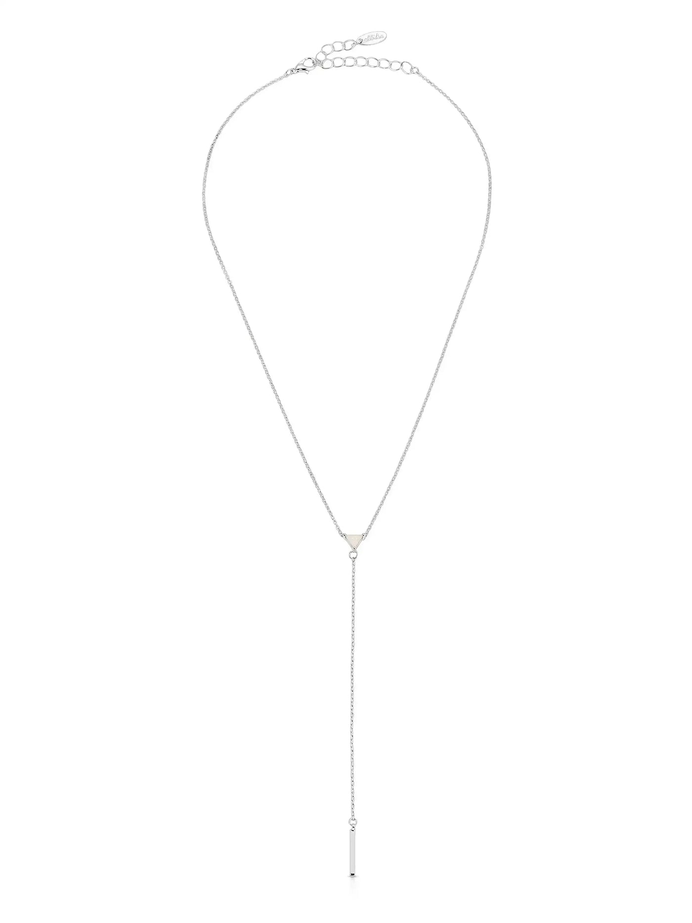 A silver necklace features a sleek, elongated chain with a triangular pendant at the top and a thin, vertical bar hanging below, set against a plain white background.