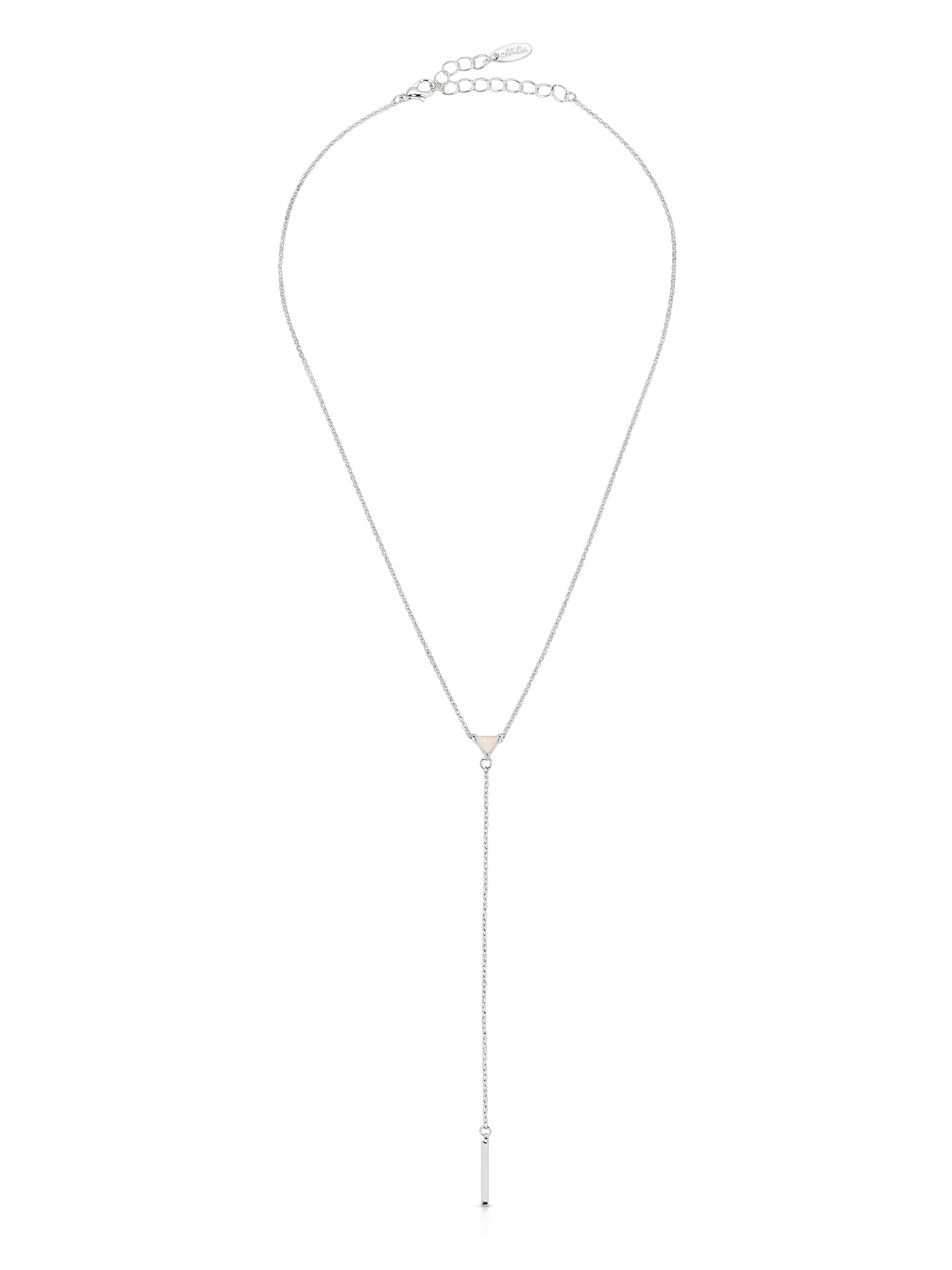 A silver necklace features a sleek, elongated chain with a triangular pendant at the top and a thin, vertical bar hanging below, set against a plain white background.