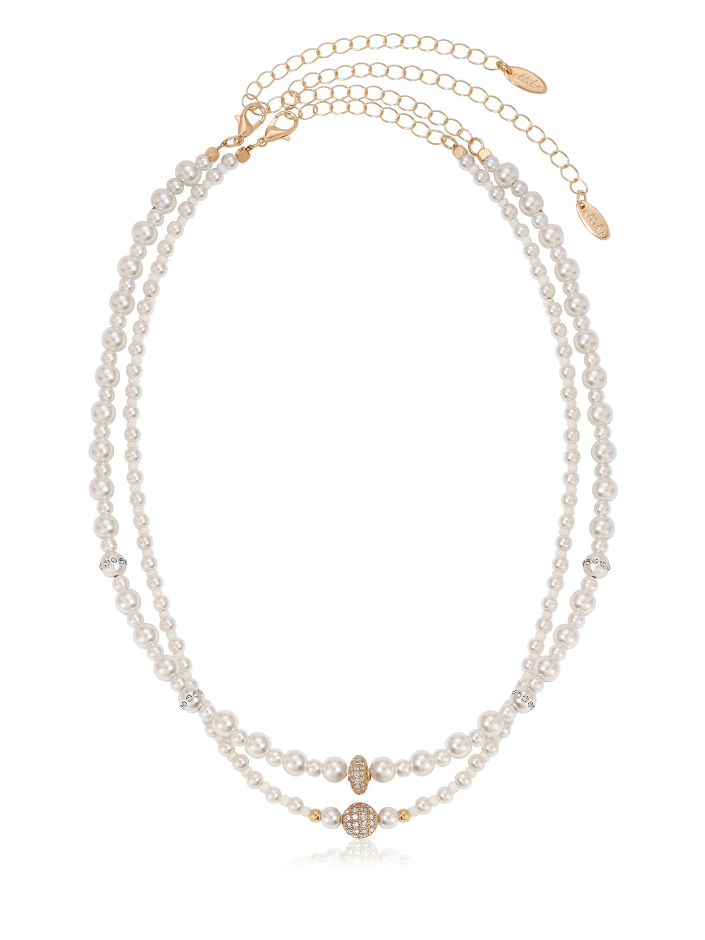 A multi-strand pearl necklace showcases alternating white pearls and decorative gold beads, featuring a sparkling central piece. The elegant design is suspended from a delicate gold chain.
